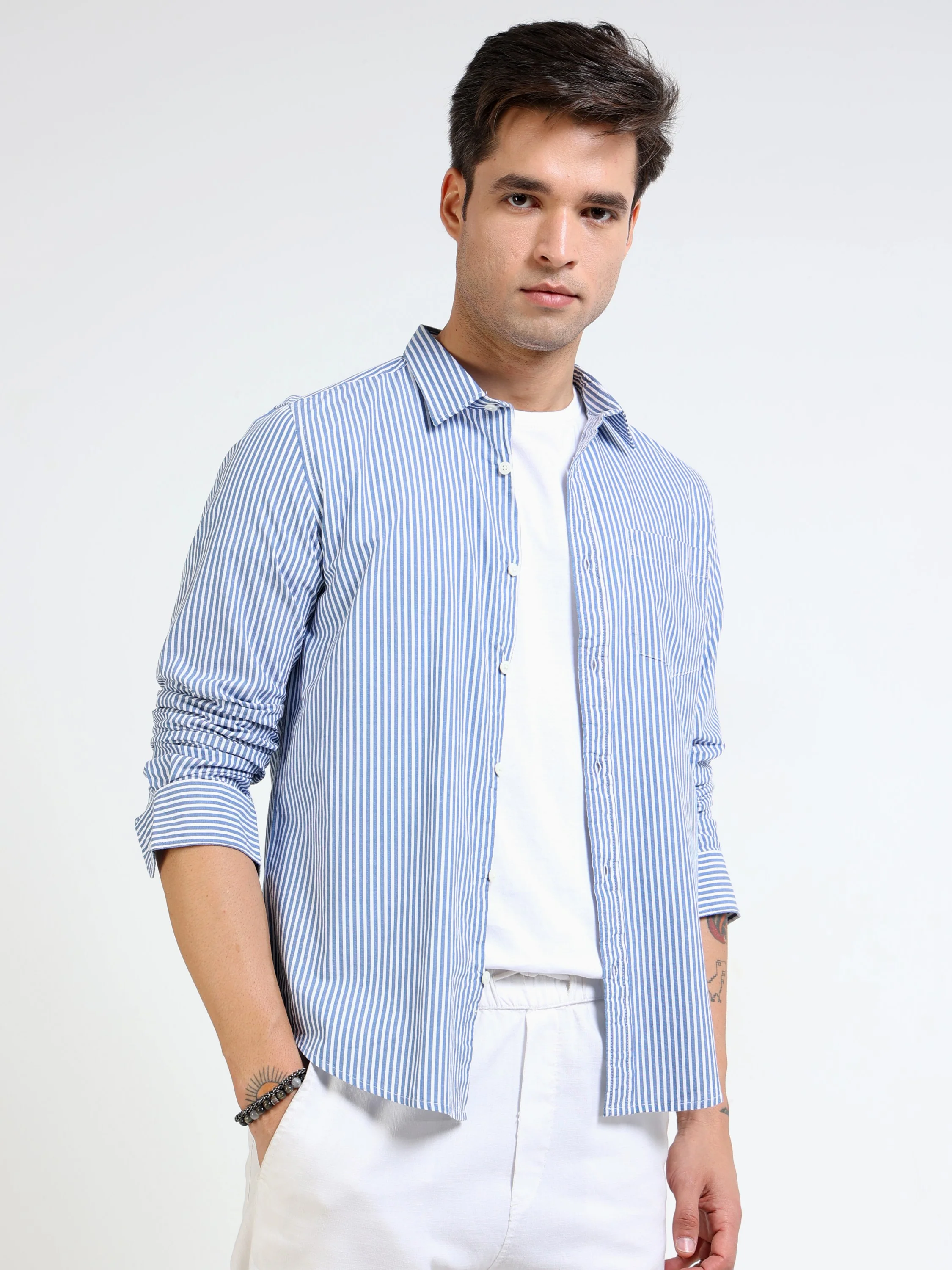 Men Blue & White Stripe Shirt - Image 5