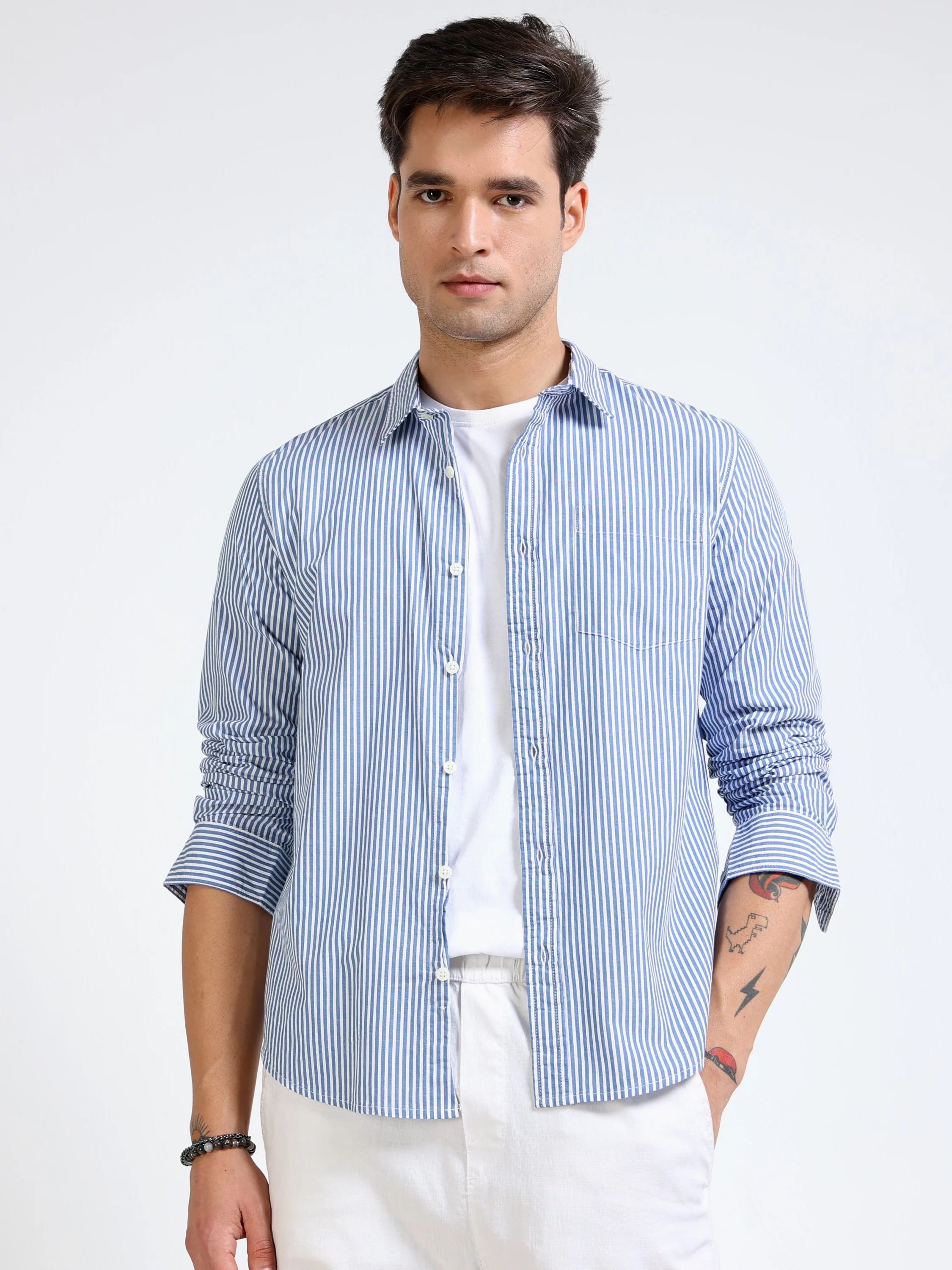 Men Blue & White Stripe Shirt - Image 6