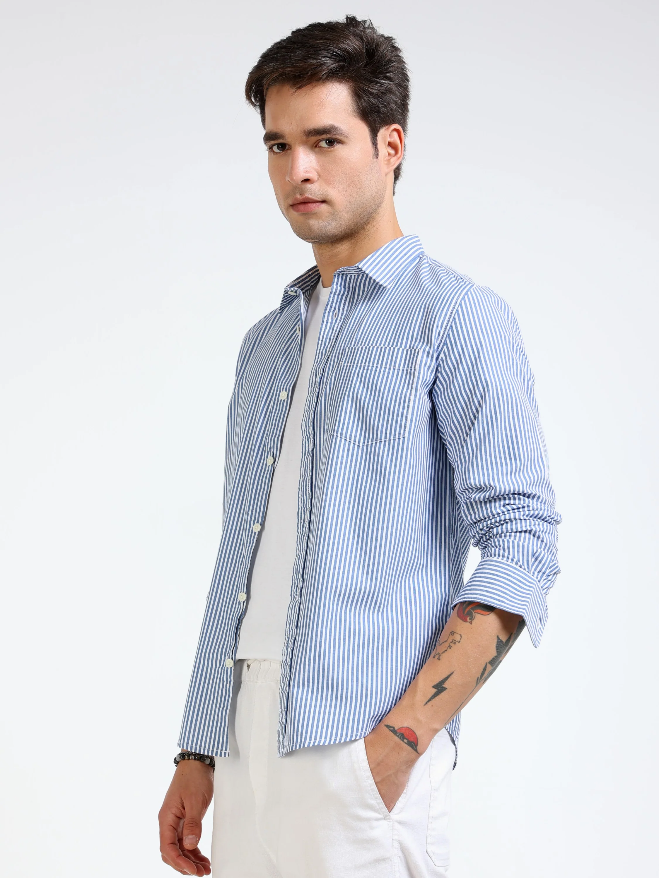 Men Blue & White Stripe Shirt - Image 7