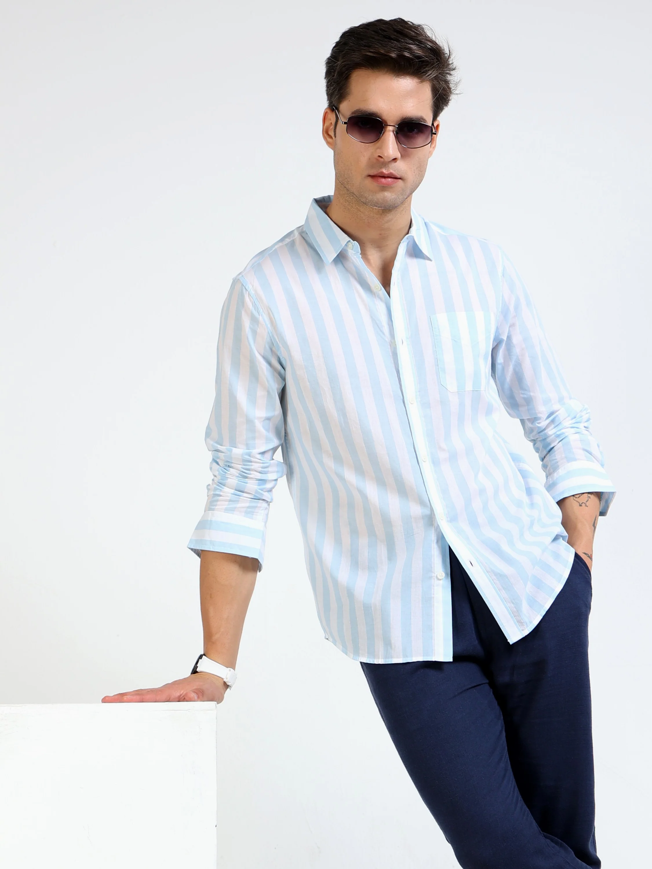 Men Blue White Stripe Smart Shirt - Image 2