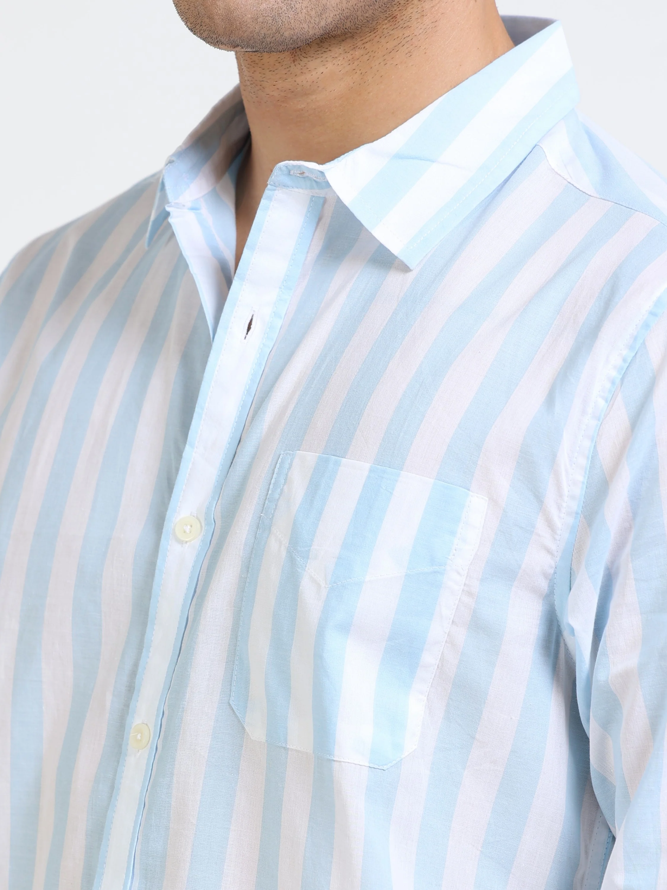 Men Blue White Stripe Smart Shirt - Image 3
