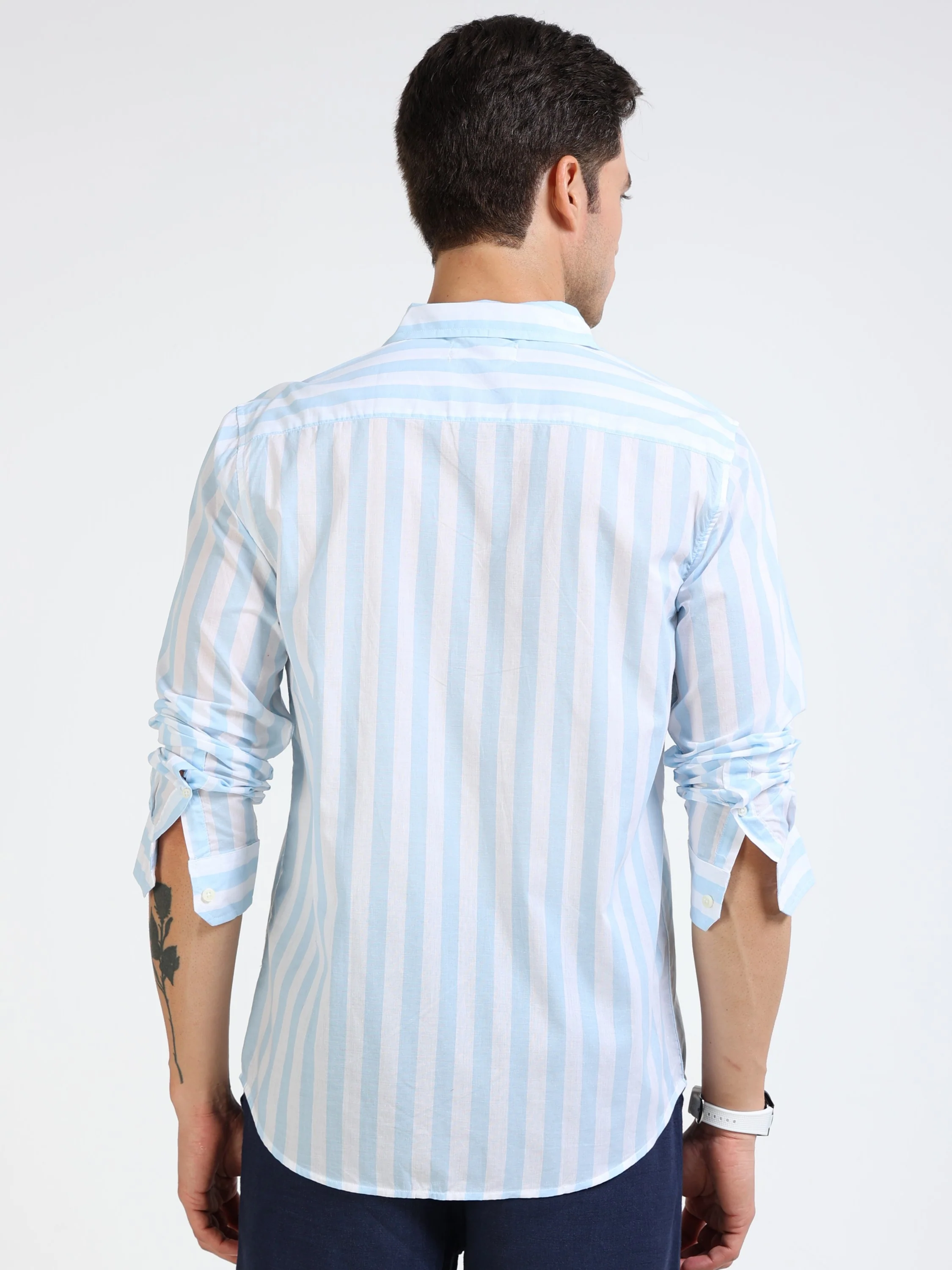 Men Blue White Stripe Smart Shirt - Image 4