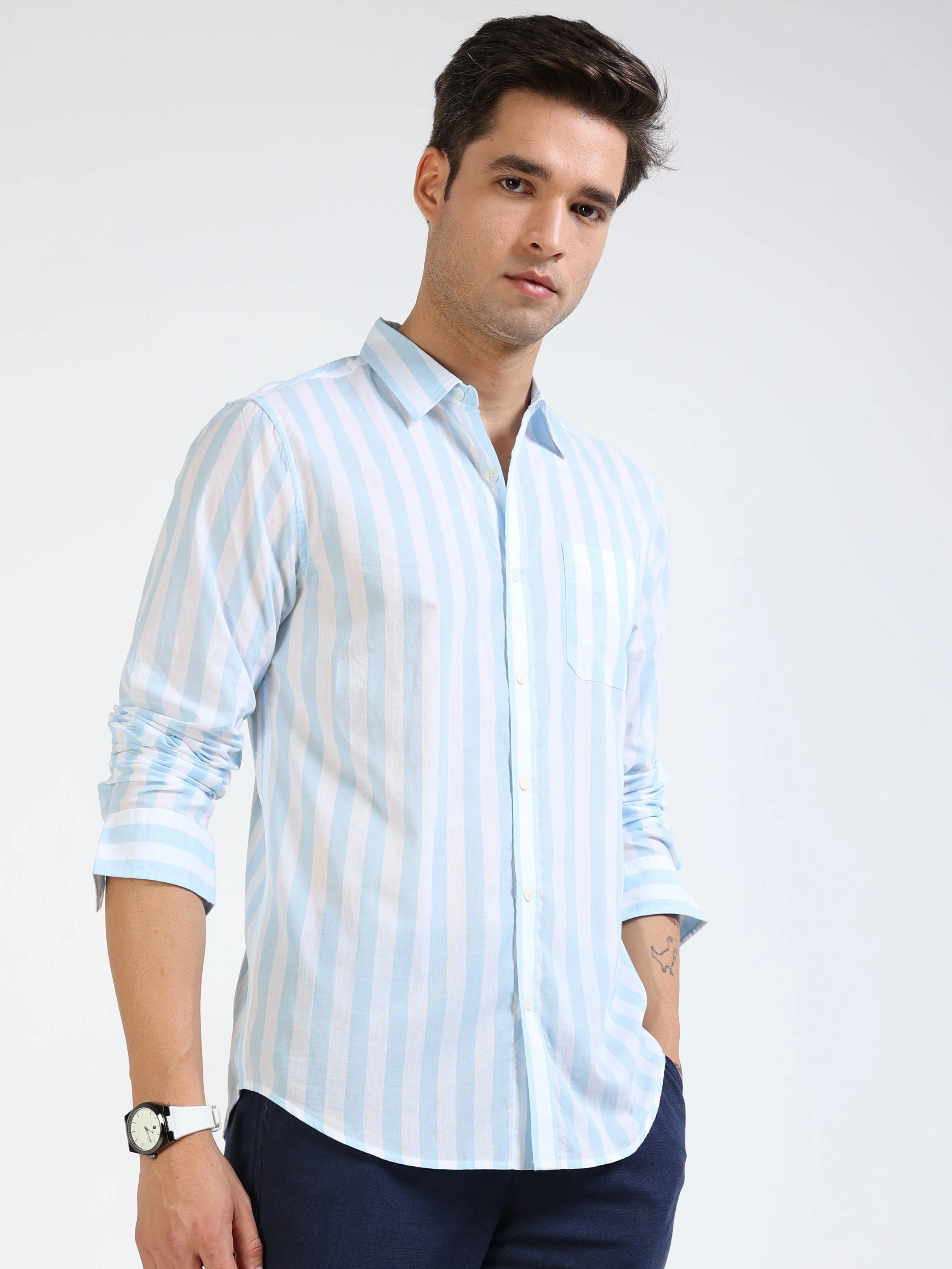 Men Blue White Stripe Smart Shirt - Image 5