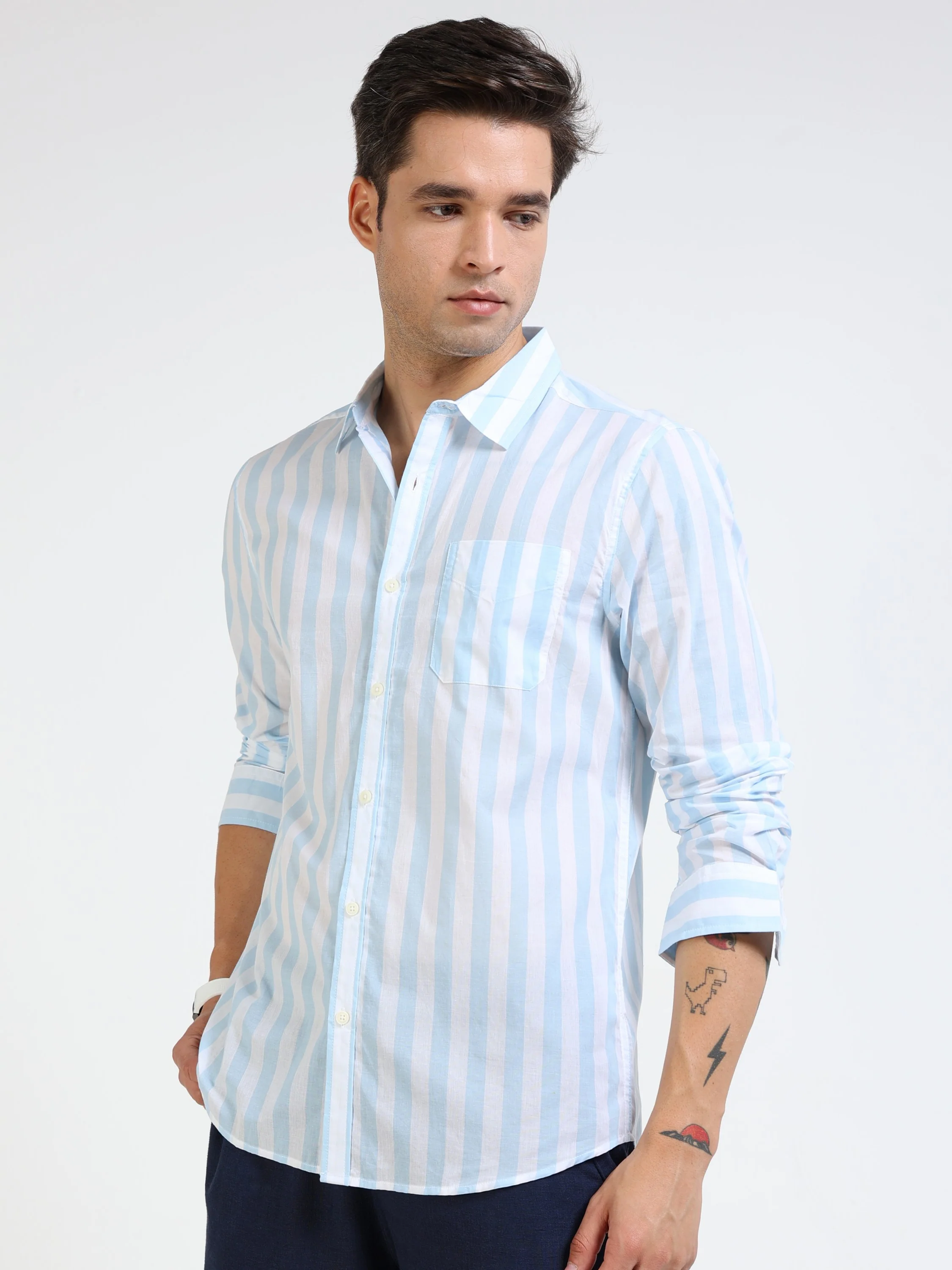 Men Blue White Stripe Smart Shirt - Image 6