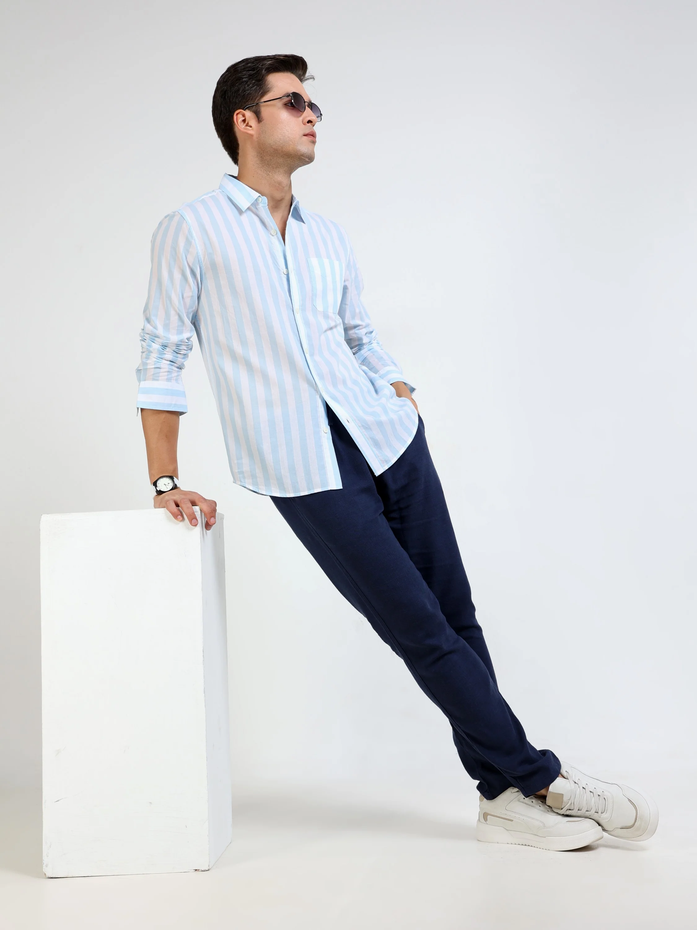 Men Blue White Stripe Smart Shirt - Image 7