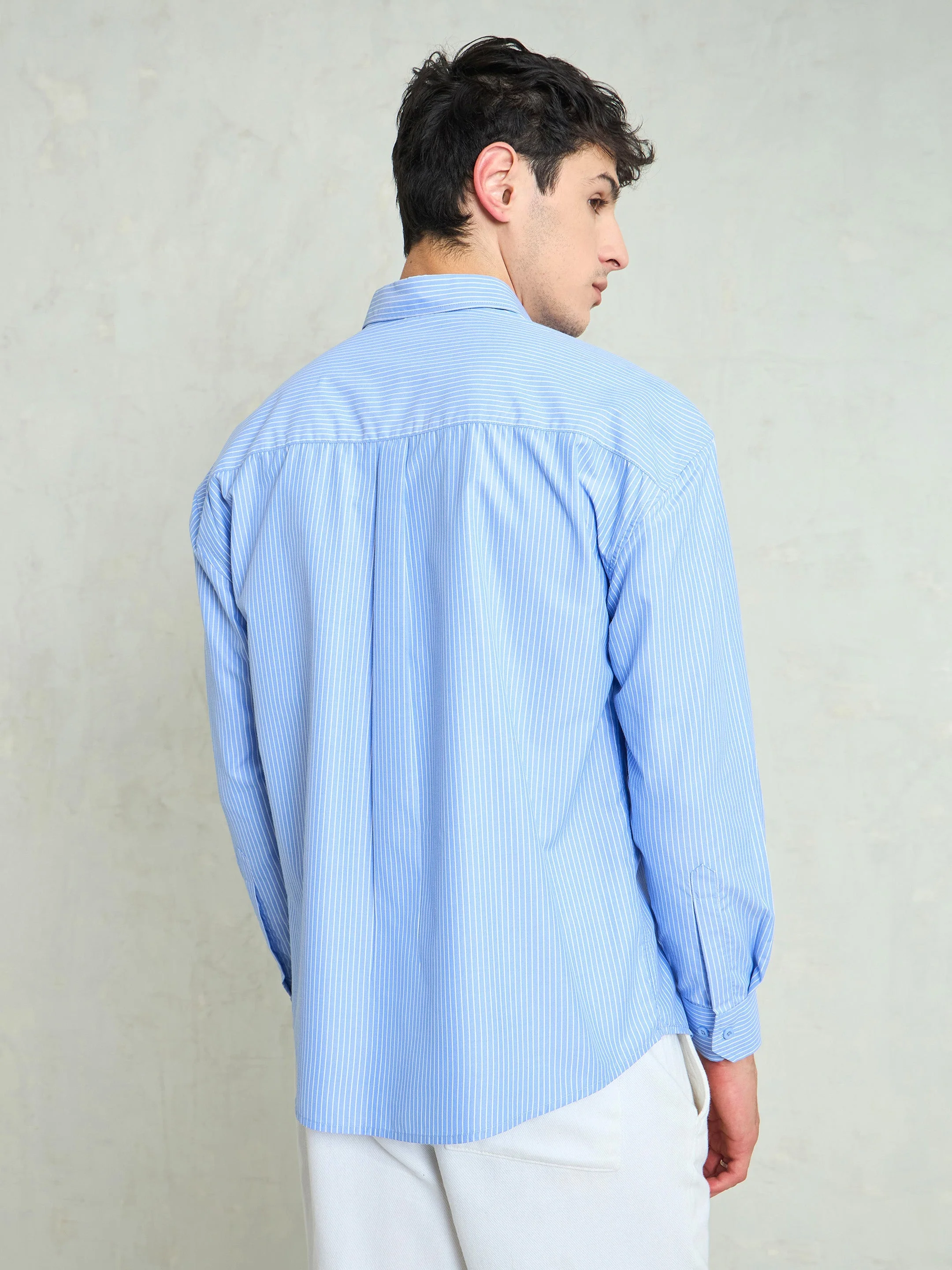 Men Blue & White Striped Basic Relax Fit Shirt - Image 2