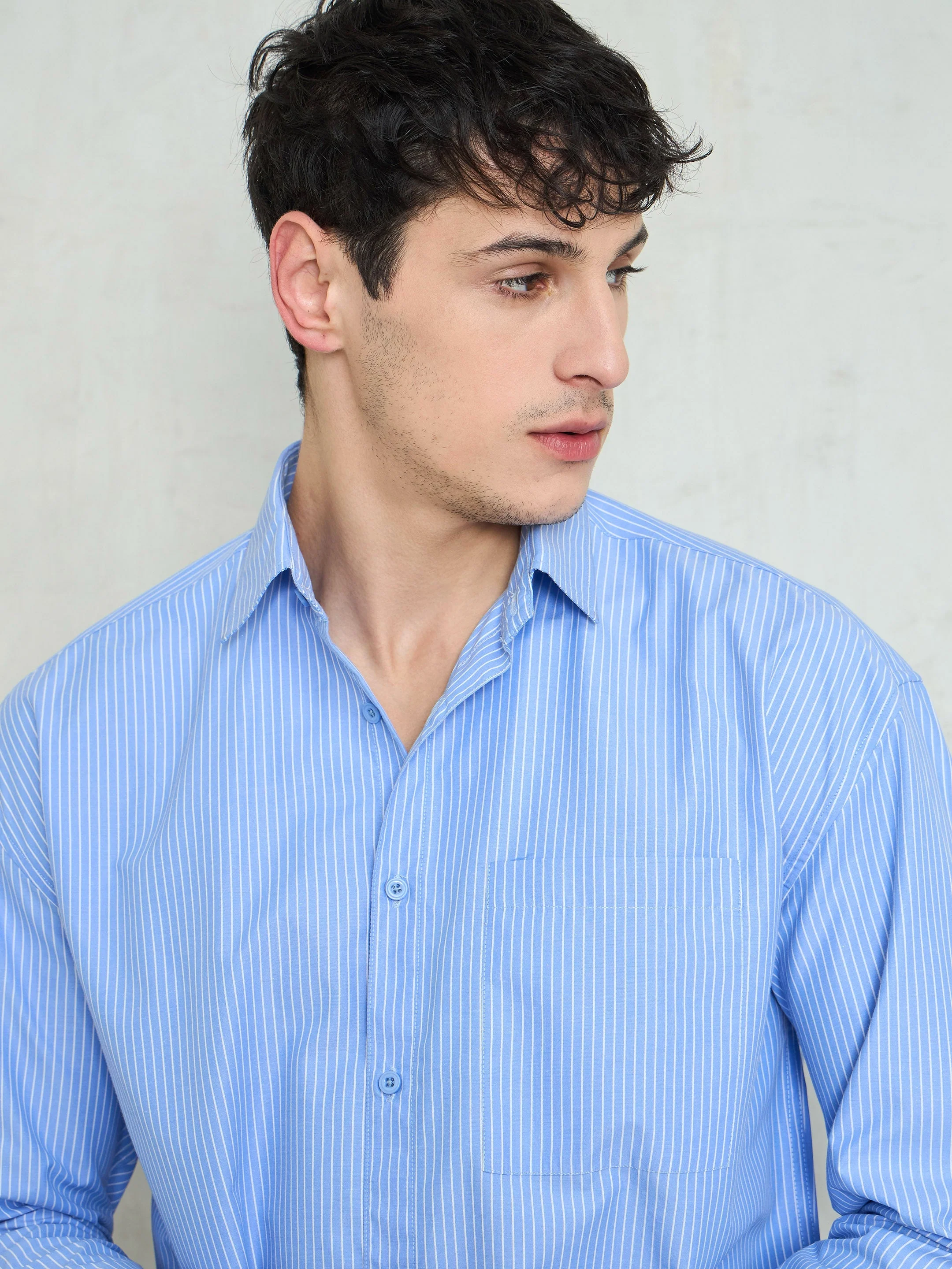 Men Blue & White Striped Basic Relax Fit Shirt - Image 3