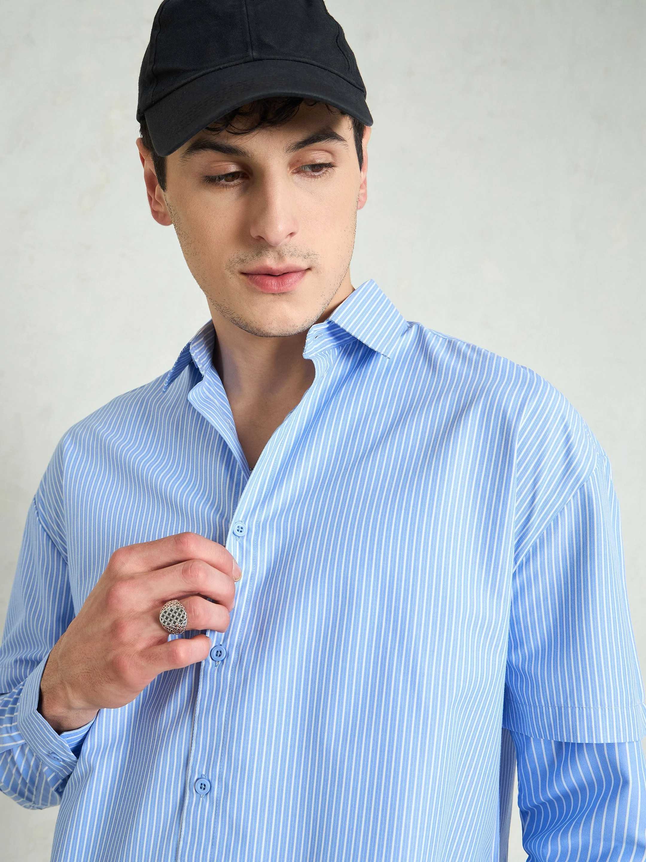 Men Blue & White Stripes Overlap Sleeve Relax Fit Shirt - Image 2
