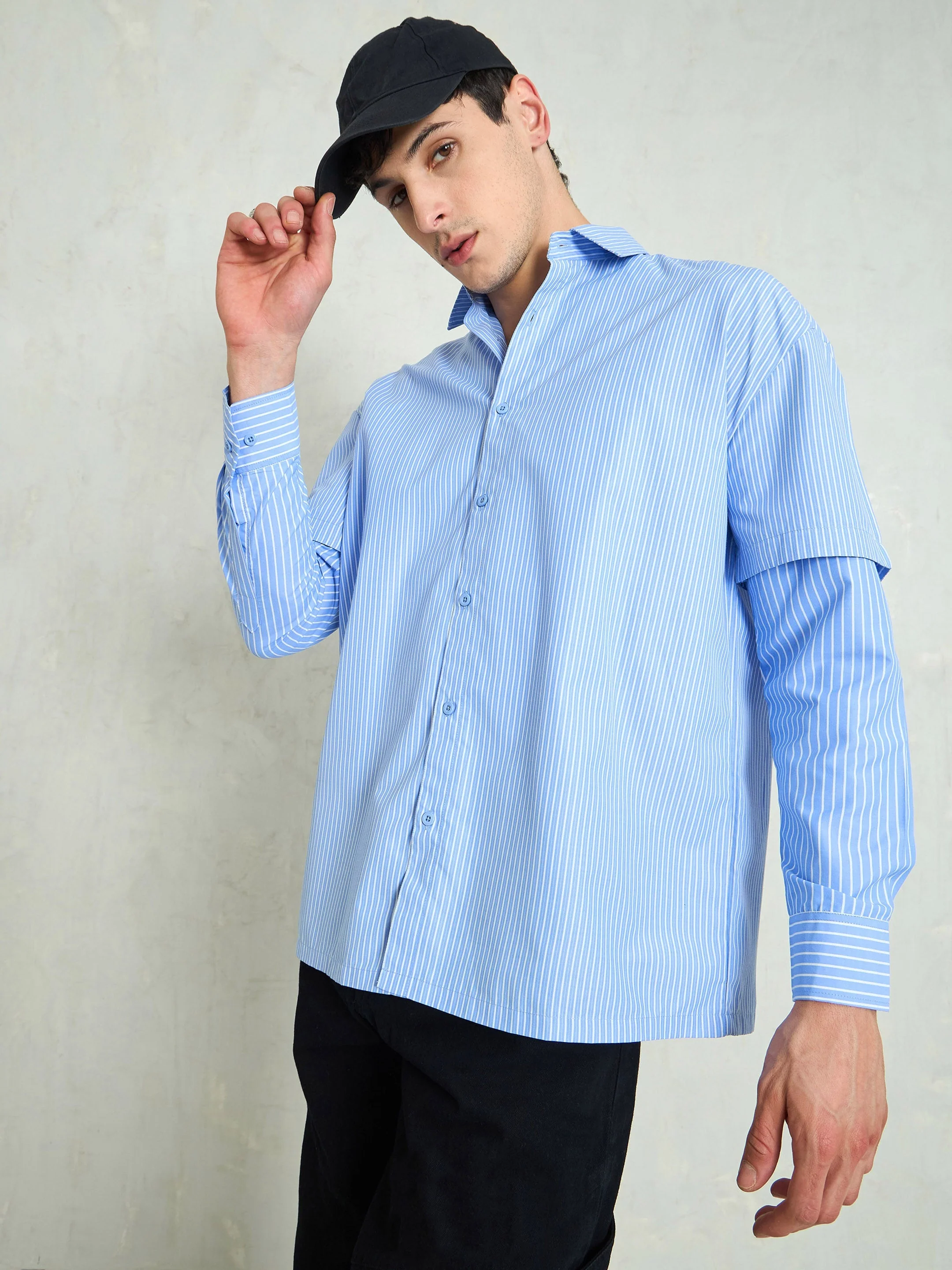 Men Blue & White Stripes Overlap Sleeve Relax Fit Shirt - Image 3