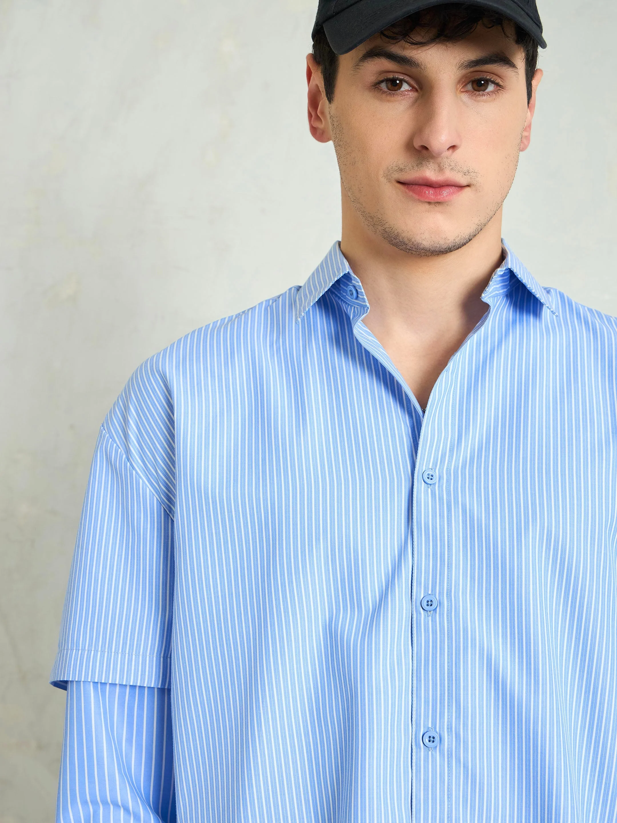 Men Blue & White Stripes Overlap Sleeve Relax Fit Shirt - Image 4