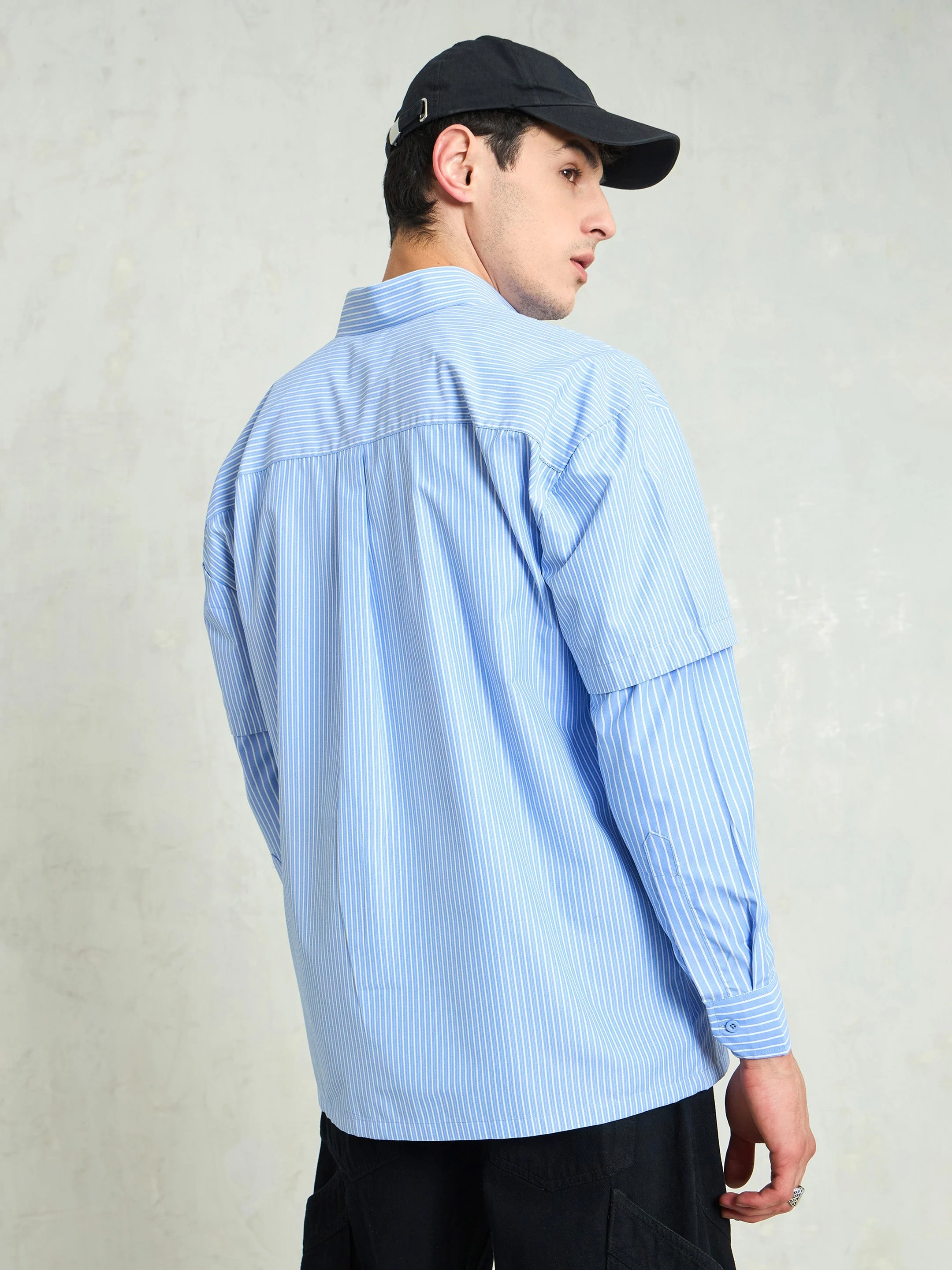 Men Blue & White Stripes Overlap Sleeve Relax Fit Shirt - Image 5