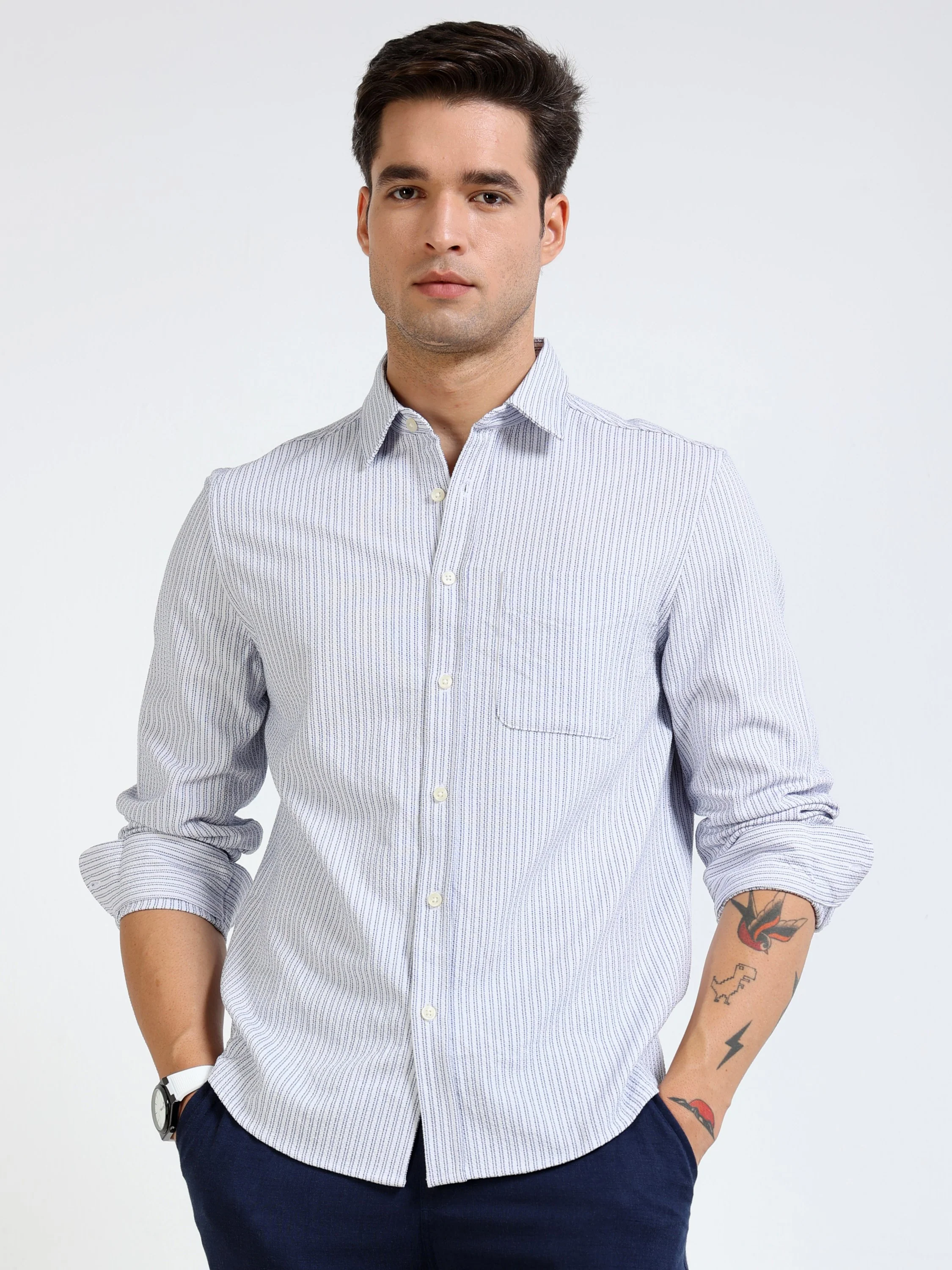 Men Blue & White Stripe Shirt - Image 2