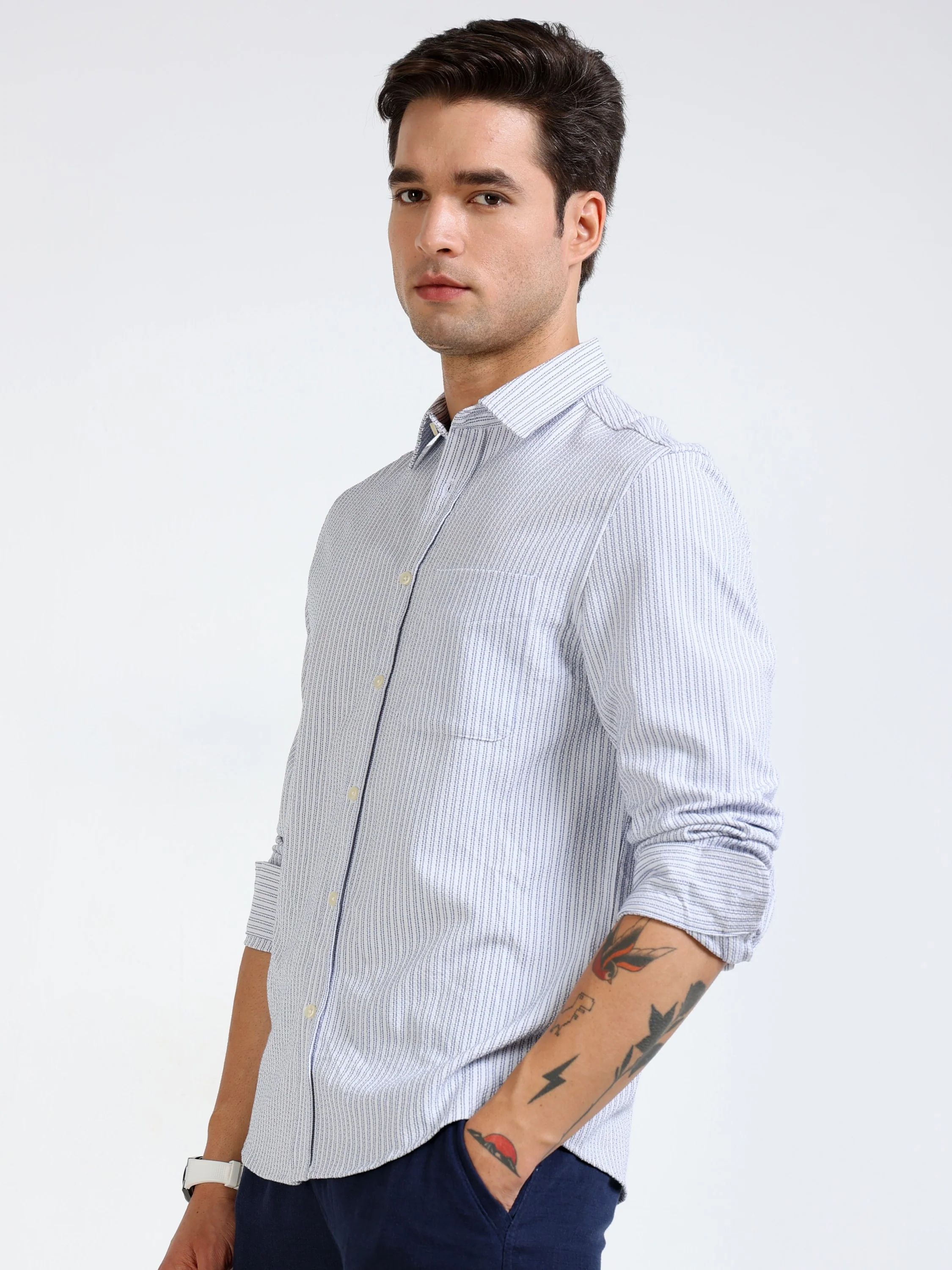 Men Blue & White Stripe Shirt - Image 5