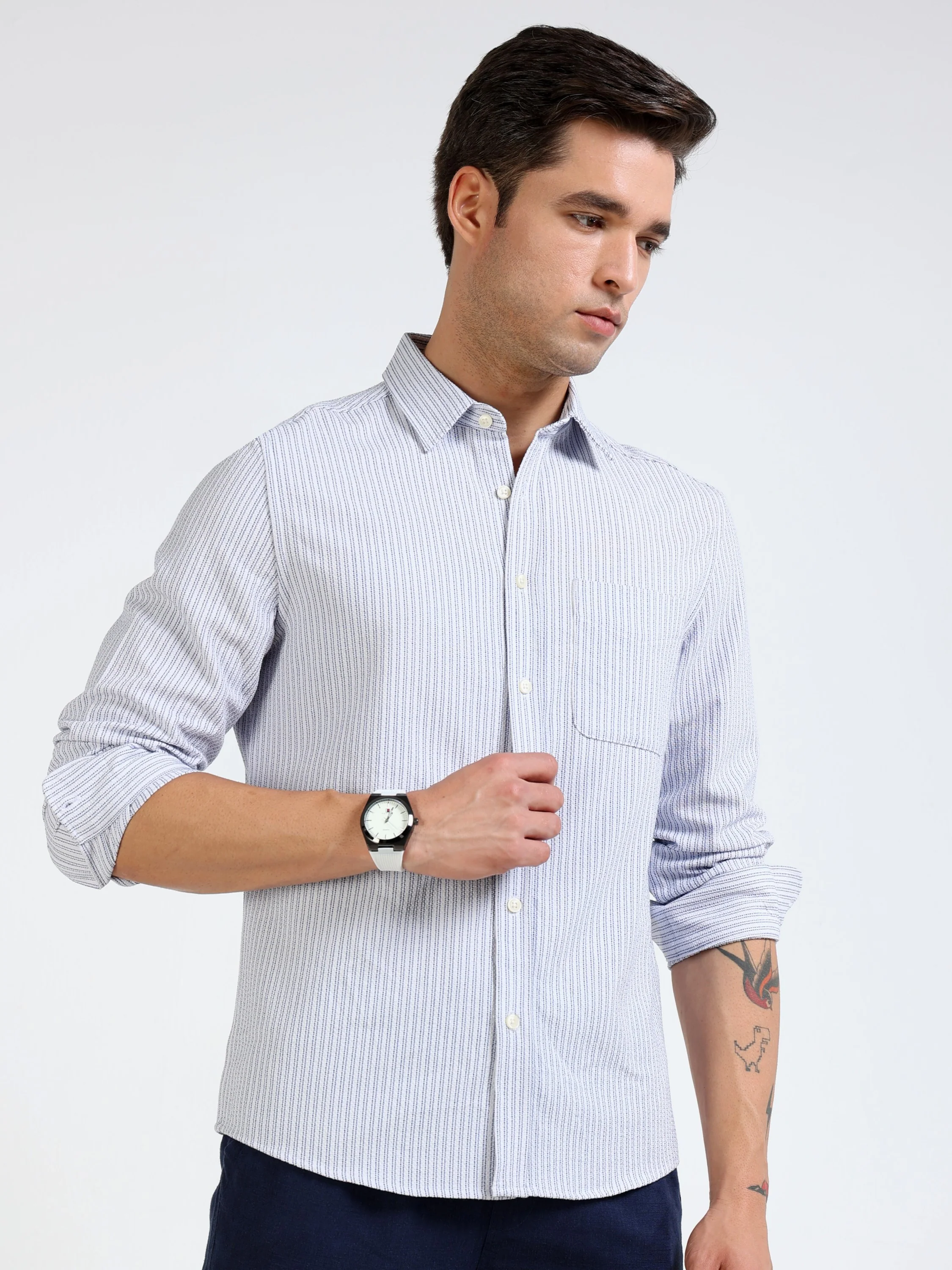 Men Blue & White Stripe Shirt - Image 6