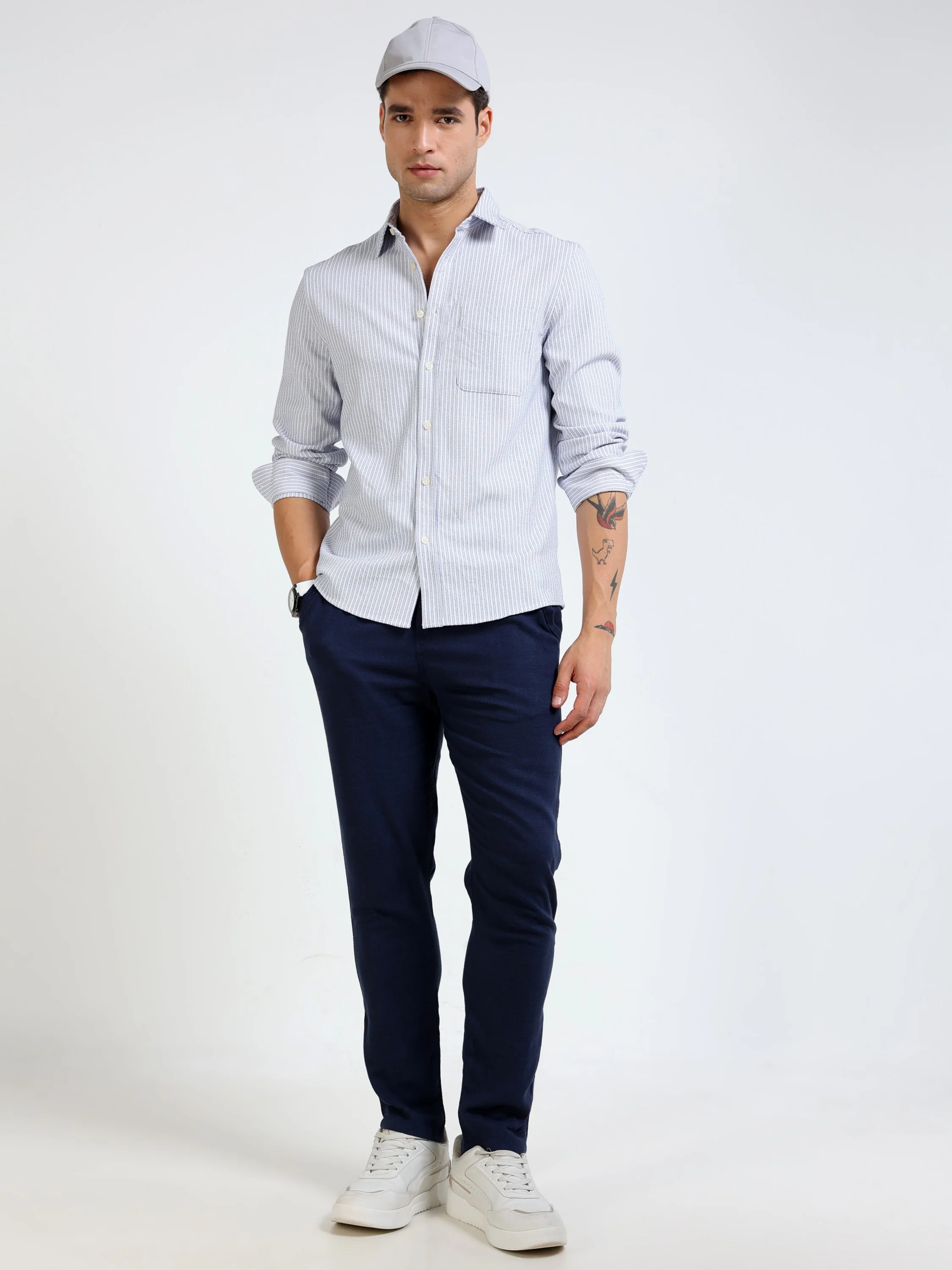 Men Blue & White Stripe Shirt - Image 7