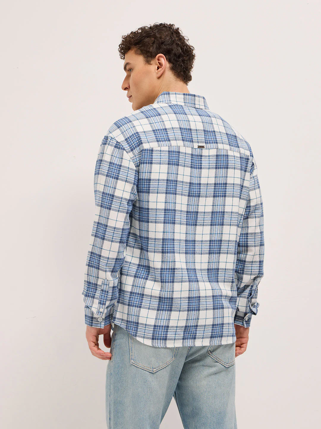 Men Blue & White Woven Checked Design Relax Fit Overshirt - Image 2