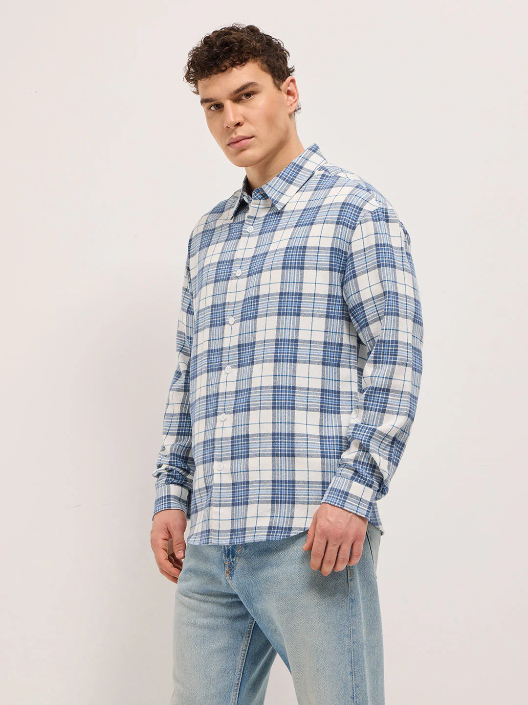Men Blue & White Woven Checked Design Relax Fit Overshirt - Image 3