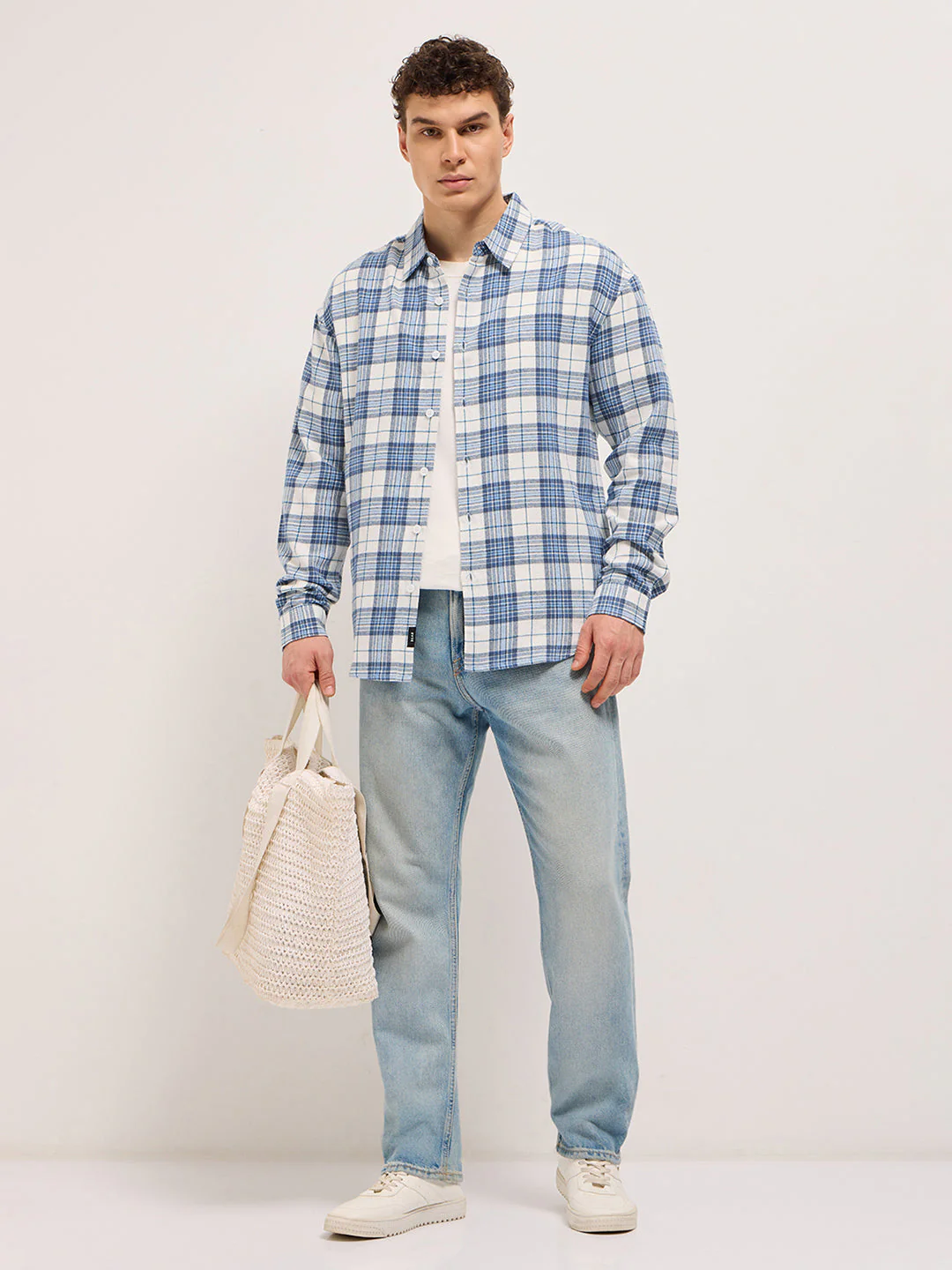 Men Blue & White Woven Checked Design Relax Fit Overshirt - Image 4