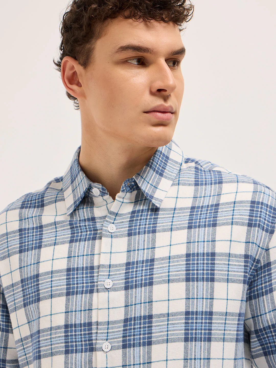 Men Blue & White Woven Checked Design Relax Fit Overshirt - Image 5