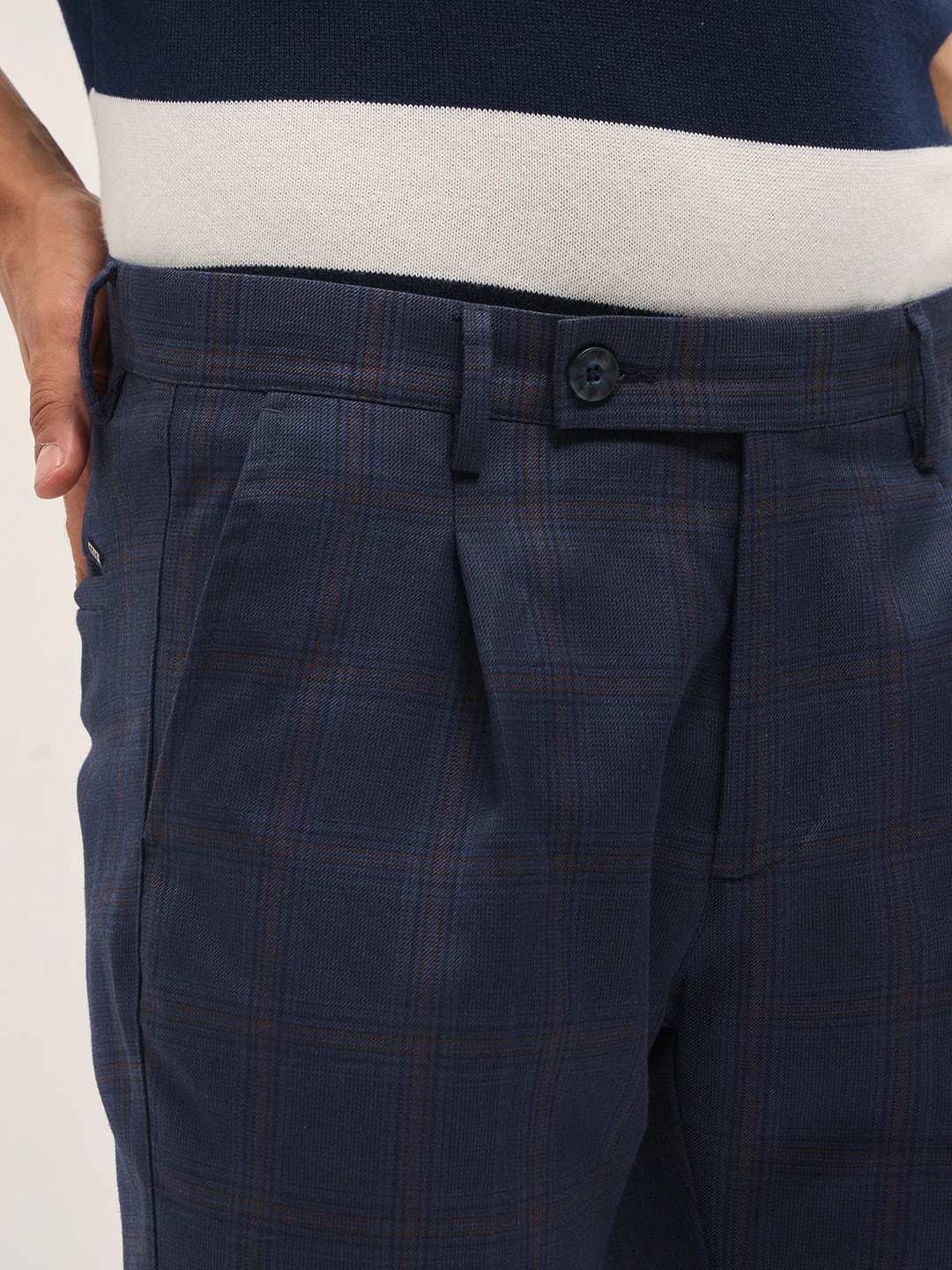 Men Blue Woven Checked Design Regular Fit Formal Trousers - Image 5