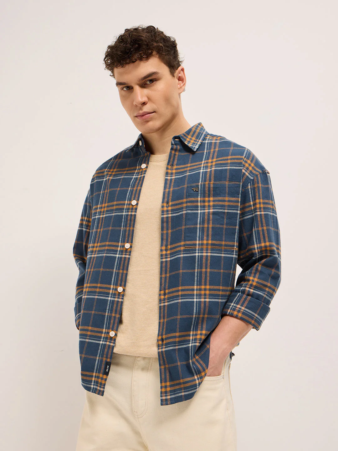 Men Blue Woven Checked Design Relax Fit Overshirt