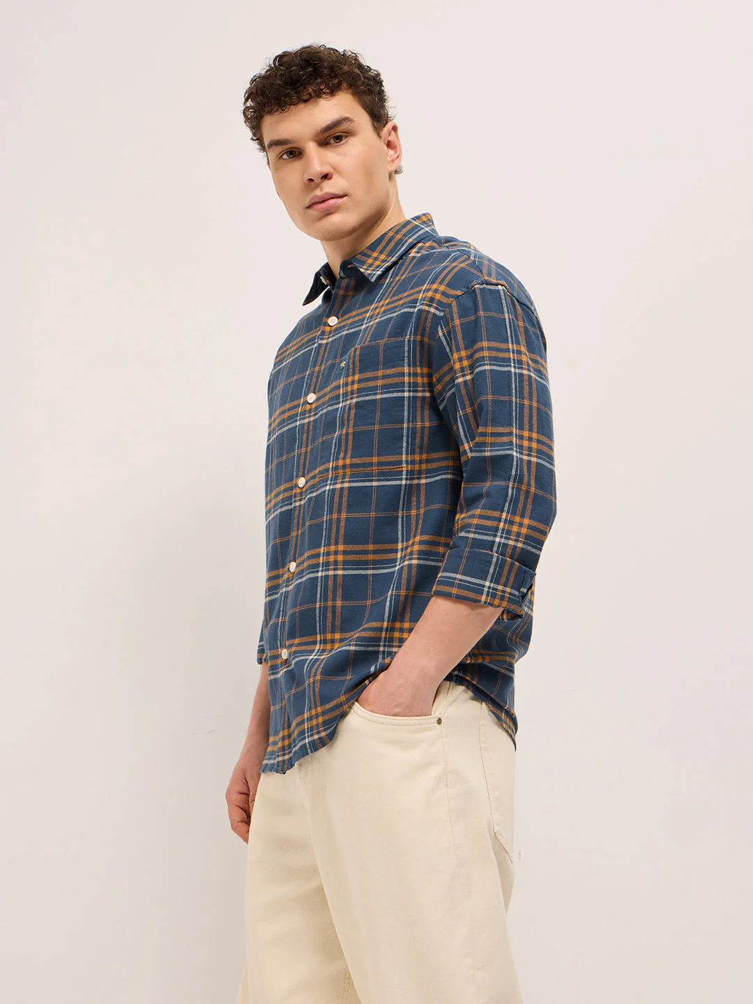 Men Blue Woven Checked Design Relax Fit Overshirt - Image 3