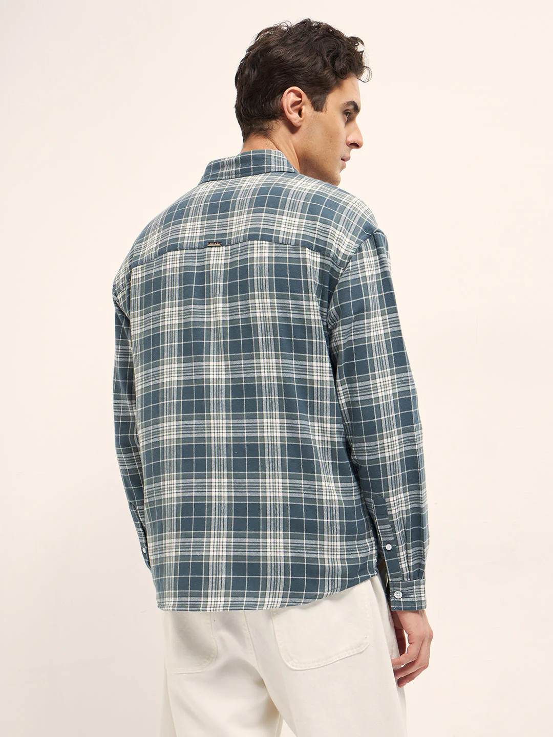 Men Blue Woven Checked Design Relax Fit Overshirt - Image 2