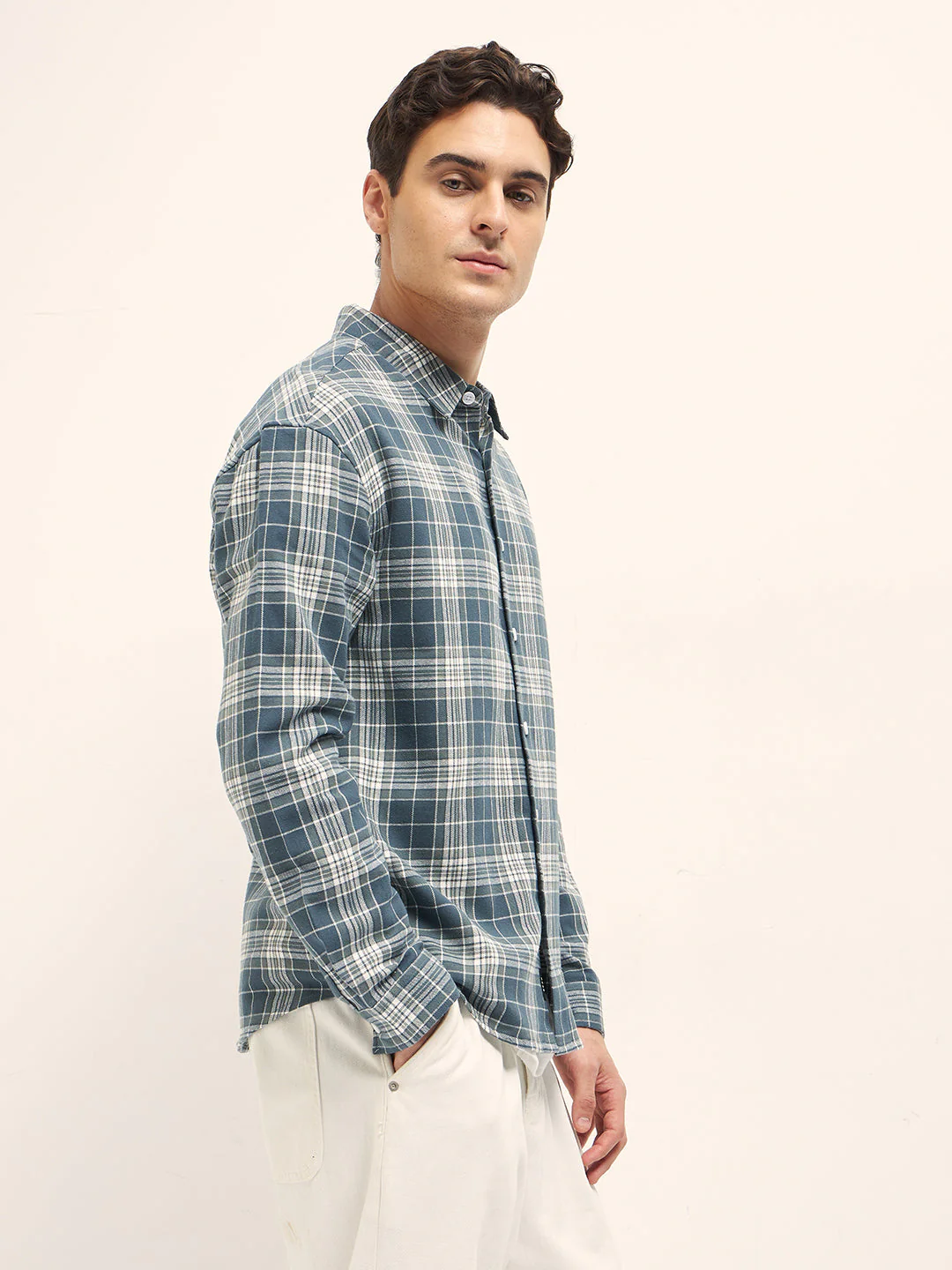 Men Blue Woven Checked Design Relax Fit Overshirt - Image 3