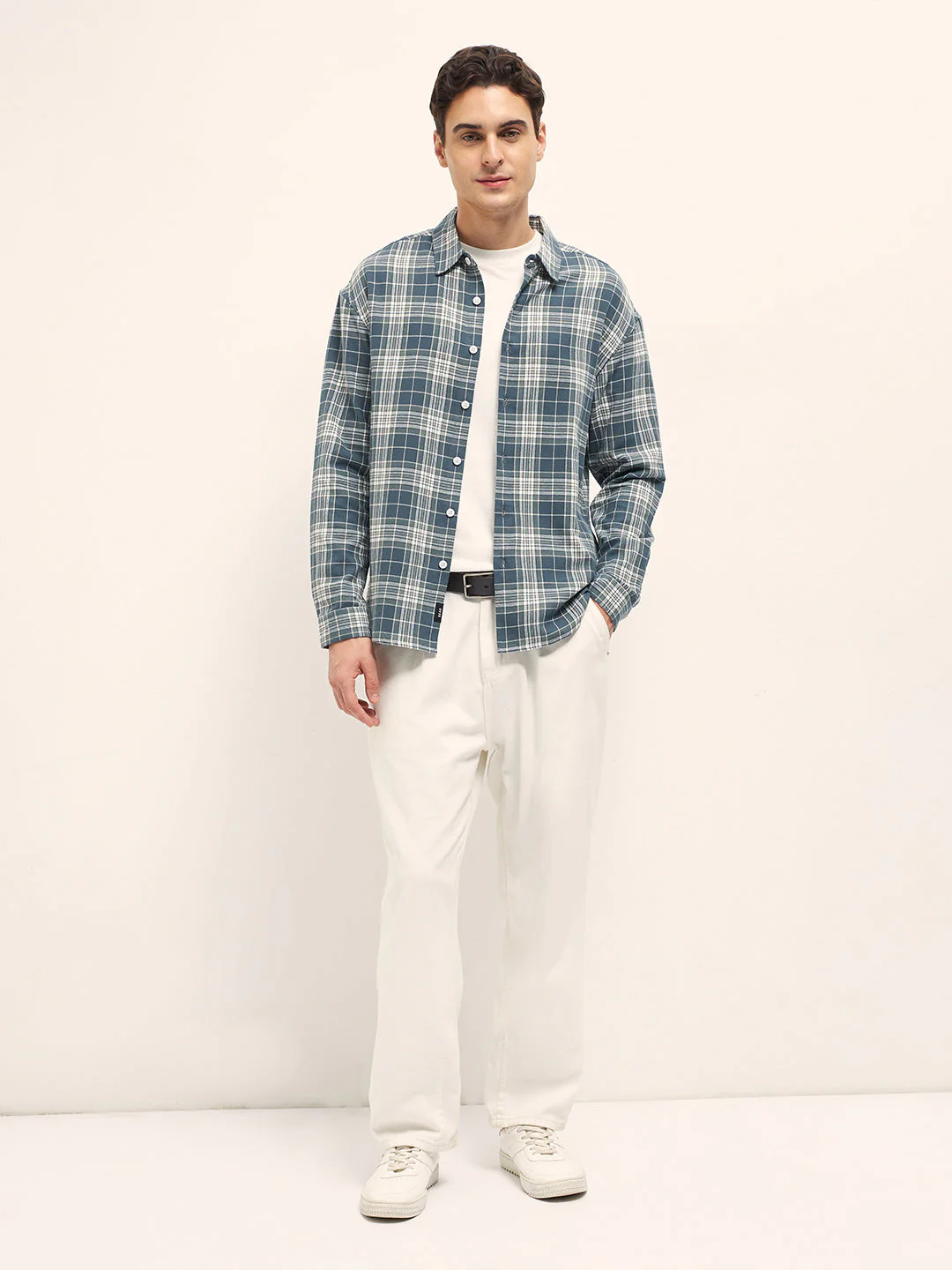 Men Blue Woven Checked Design Relax Fit Overshirt - Image 4