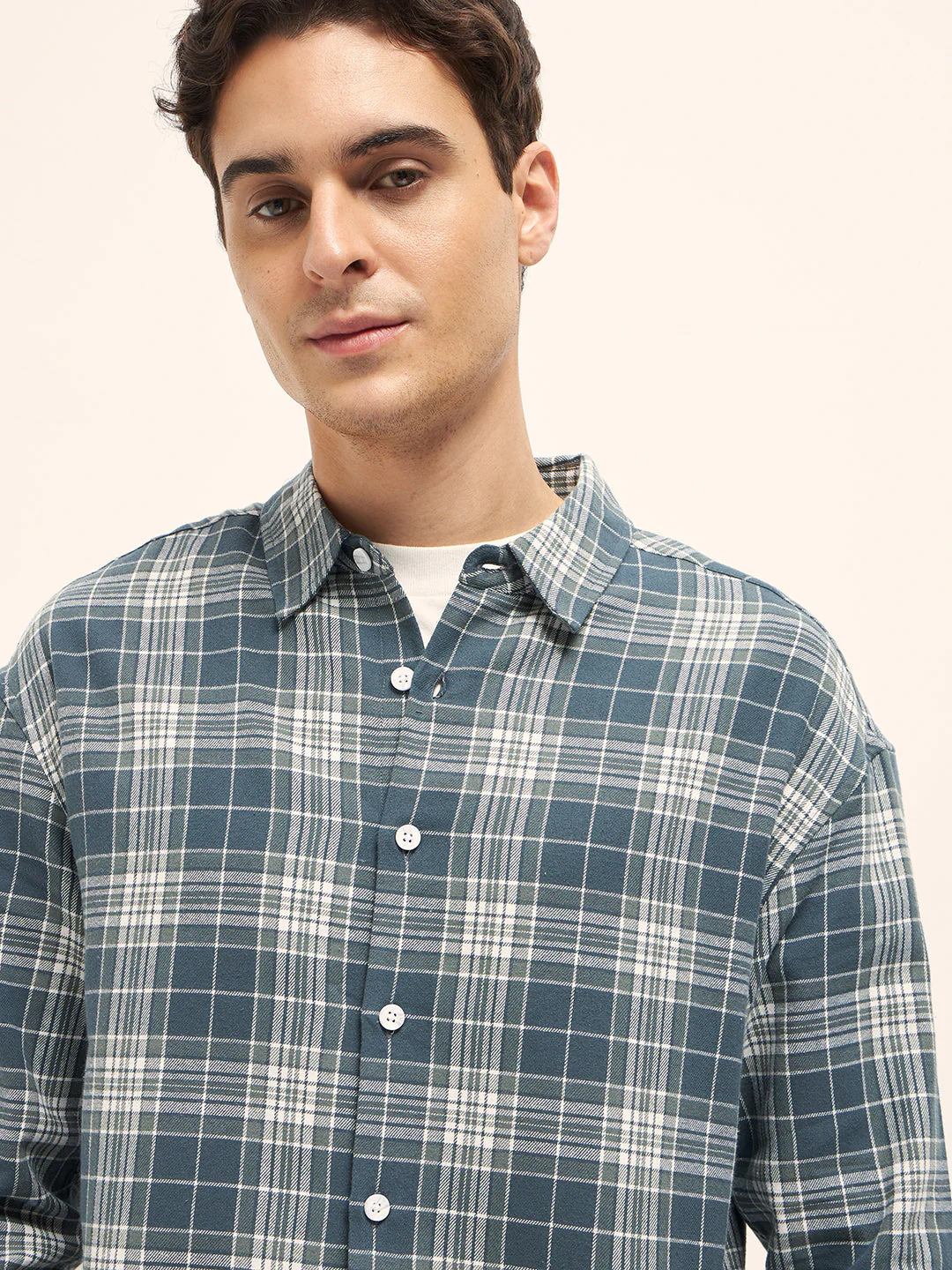 Men Blue Woven Checked Design Relax Fit Overshirt - Image 5