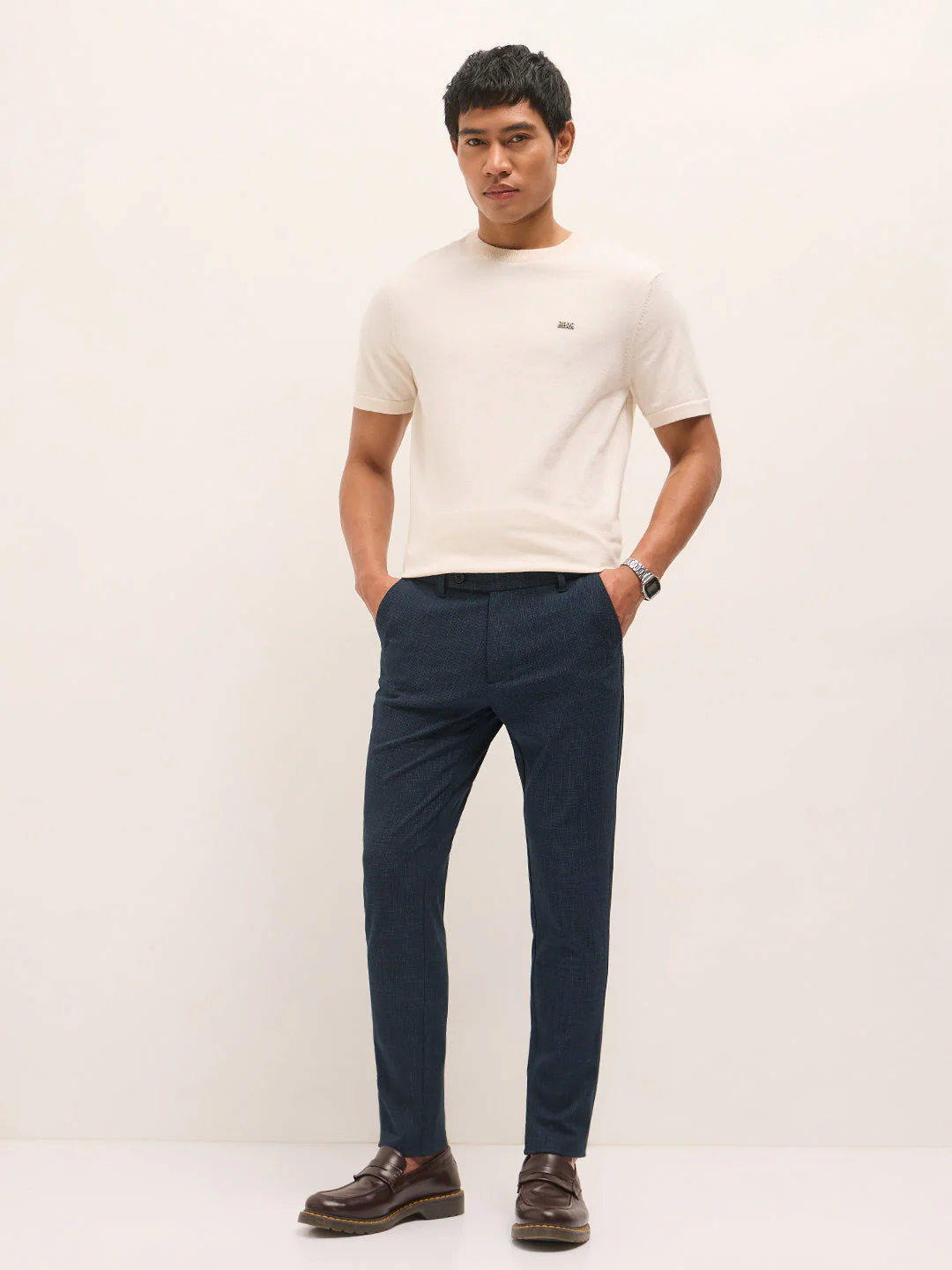 Men Blue Woven Design Slim Fit Formal Trousers - Image 4
