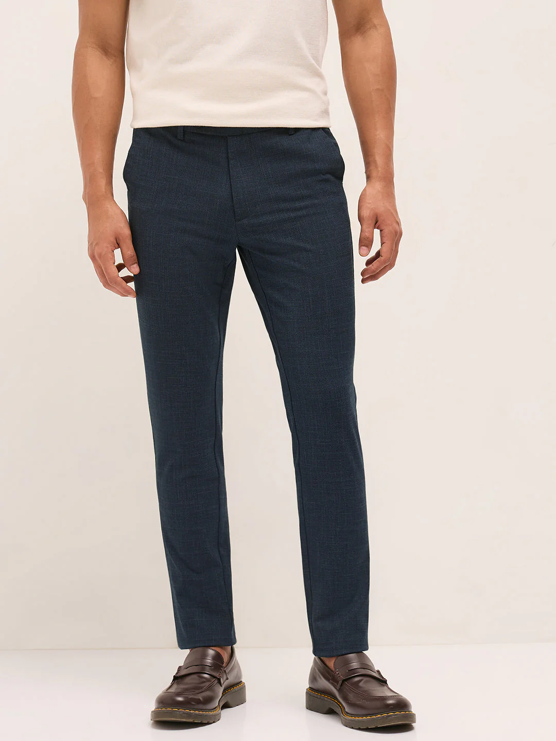 Men Blue Woven Design Slim Fit Formal Trousers - Image 7