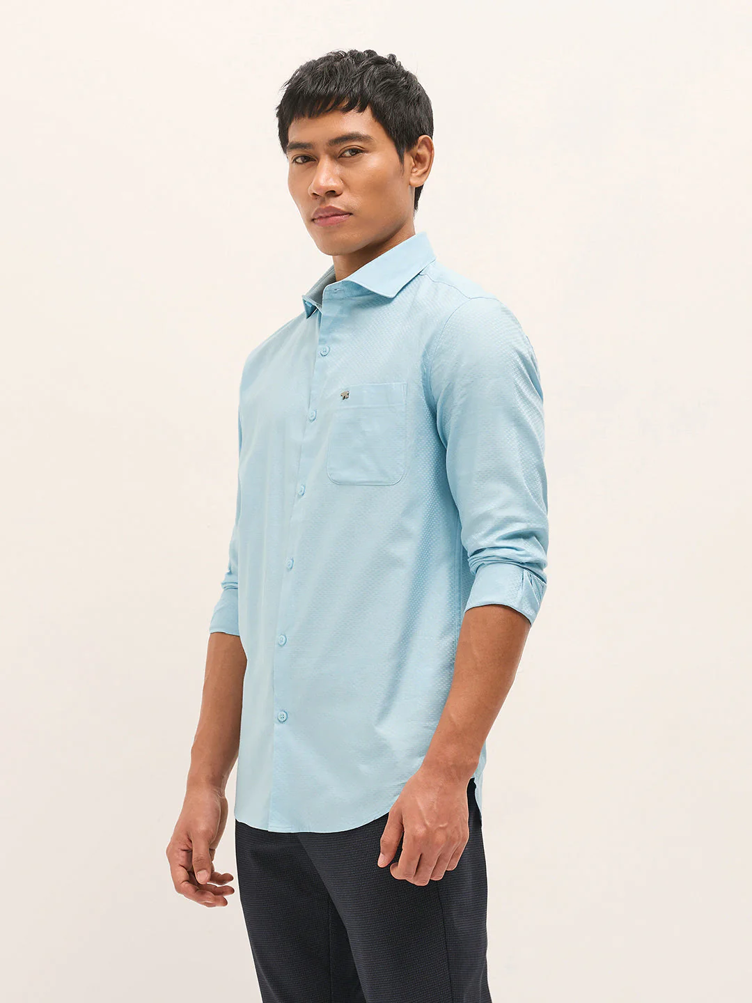 Men Blue Woven Pattern Cotton Tailored Fit Formal Shirt - Image 3