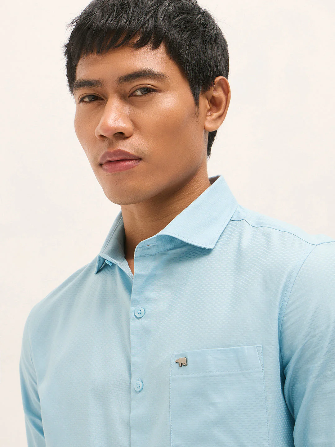 Men Blue Woven Pattern Cotton Tailored Fit Formal Shirt - Image 5