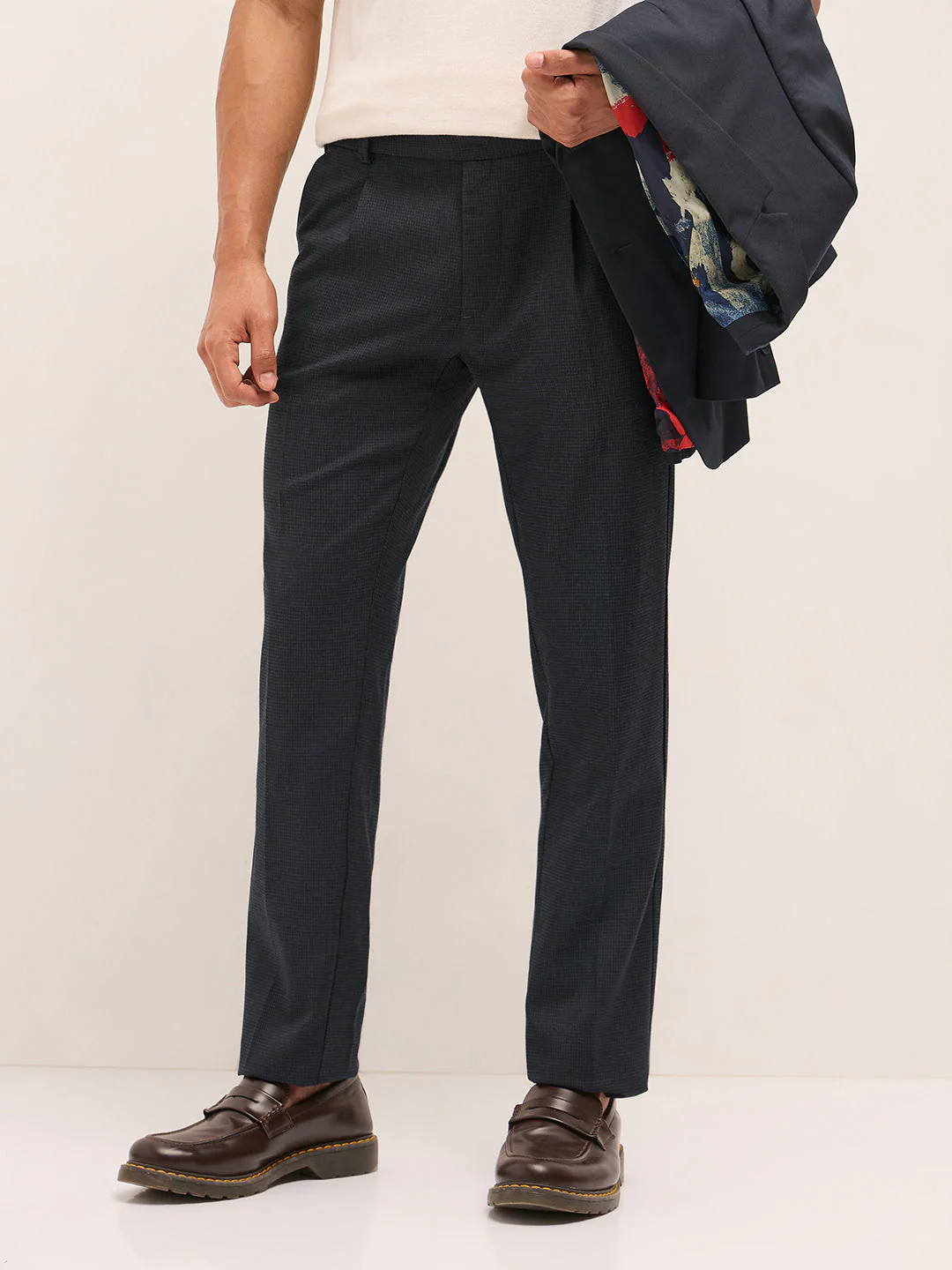Men Blue Woven Pattern Regular Fit Formal Trousers