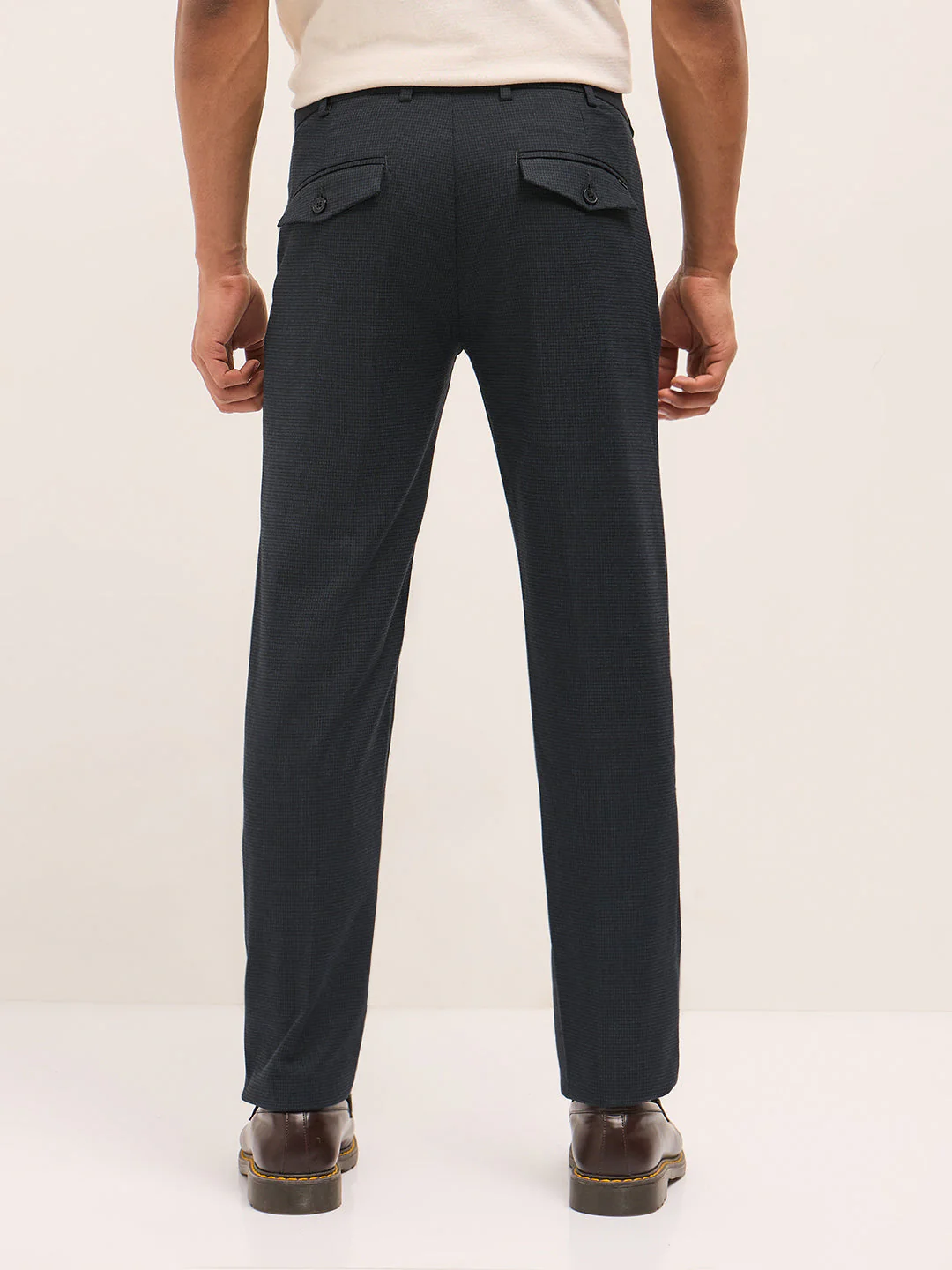 Men Blue Woven Pattern Regular Fit Formal Trousers - Image 2