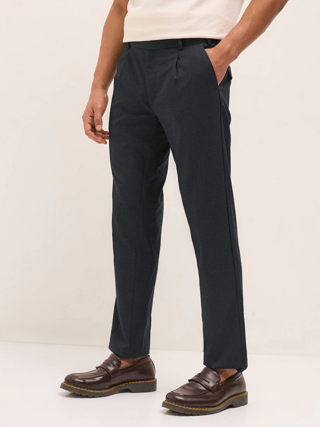 Men Blue Woven Pattern Regular Fit Formal Trousers - Image 3