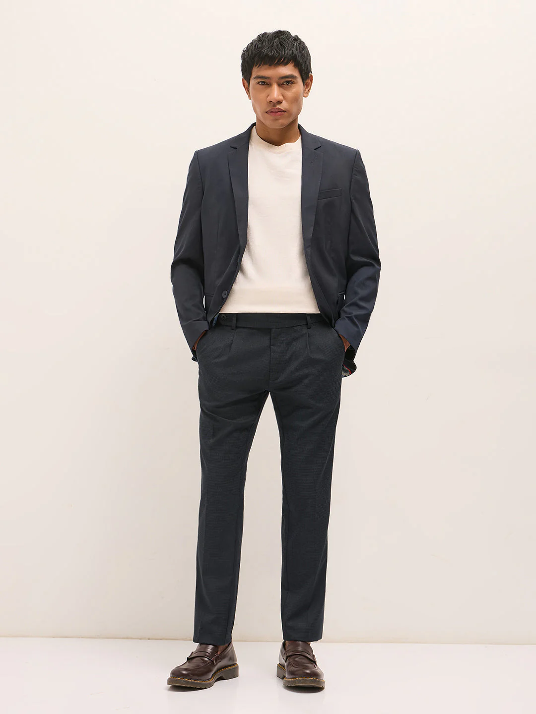 Men Blue Woven Pattern Regular Fit Formal Trousers - Image 4