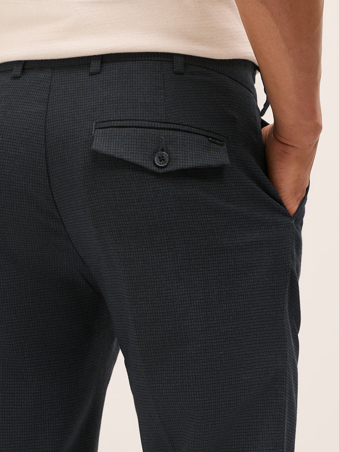 Men Blue Woven Pattern Regular Fit Formal Trousers - Image 6