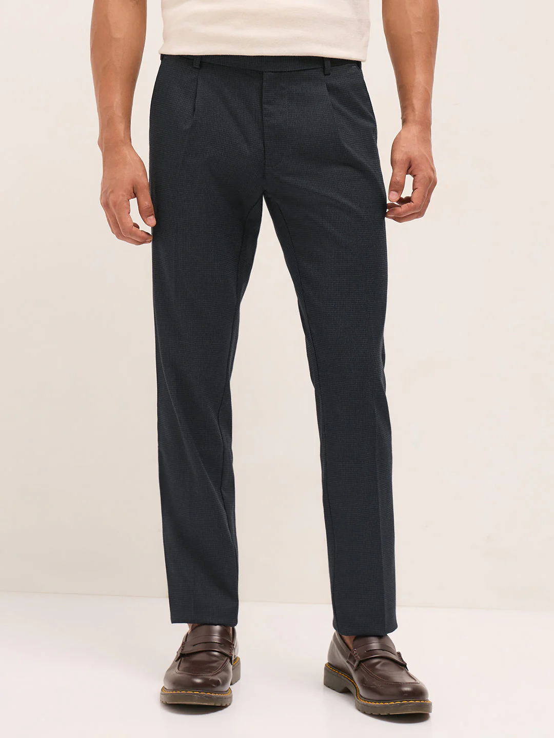 Men Blue Woven Pattern Regular Fit Formal Trousers - Image 7