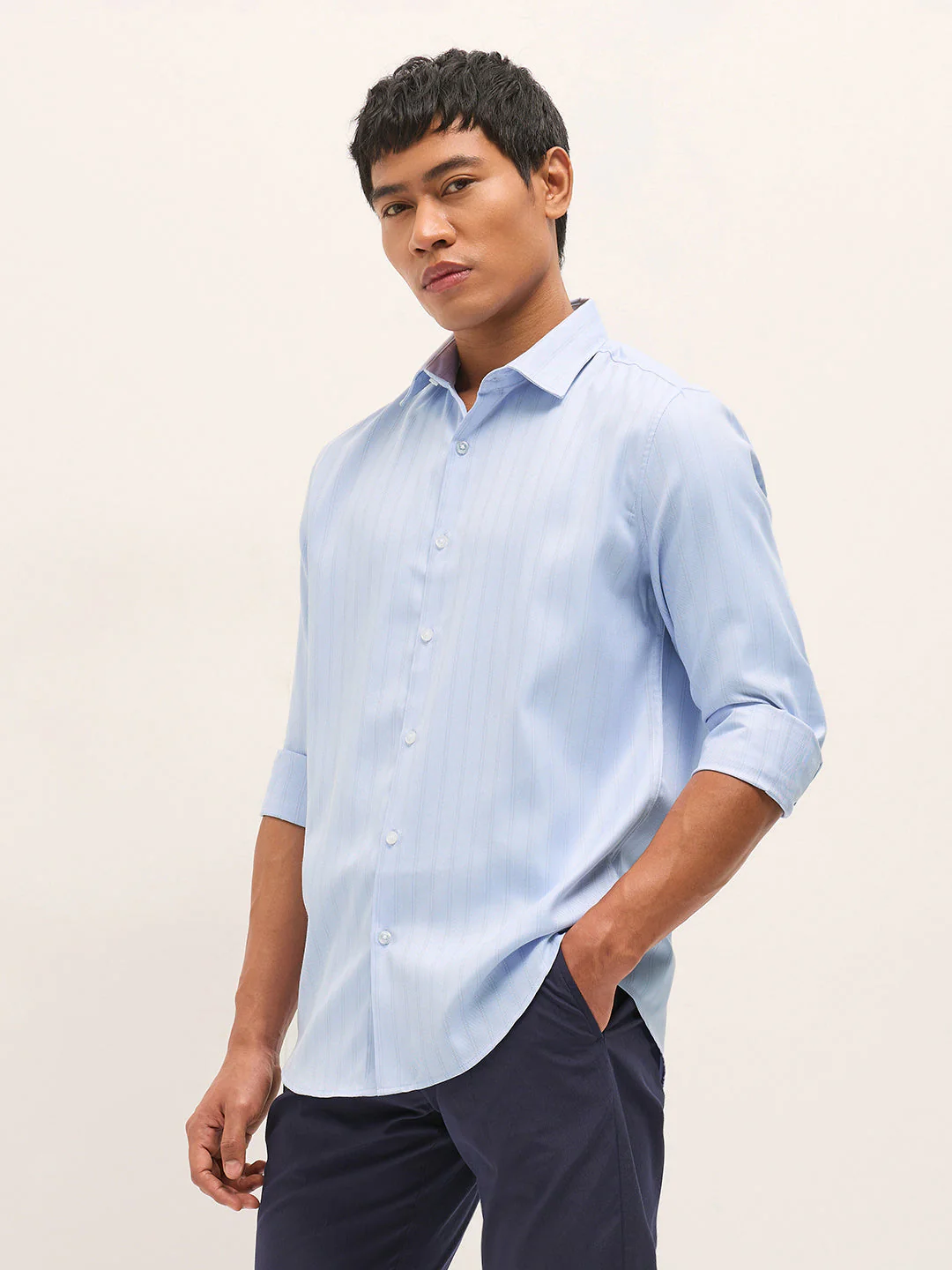 Men Blue Woven Stripe Pattern Tailored Fit Formal Shirt - Image 3