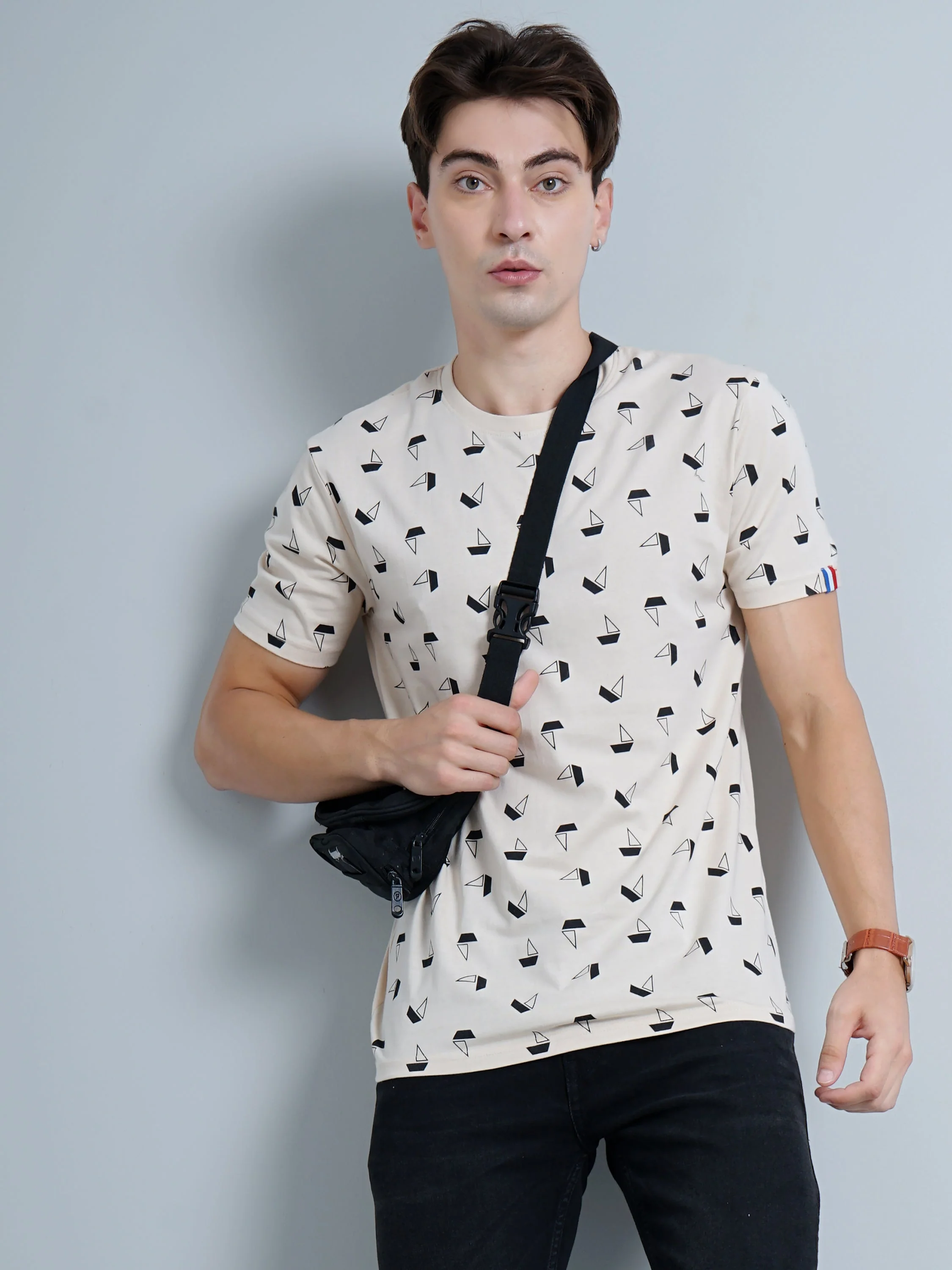 Men Boat Print Beige T-Shirt - Image 2