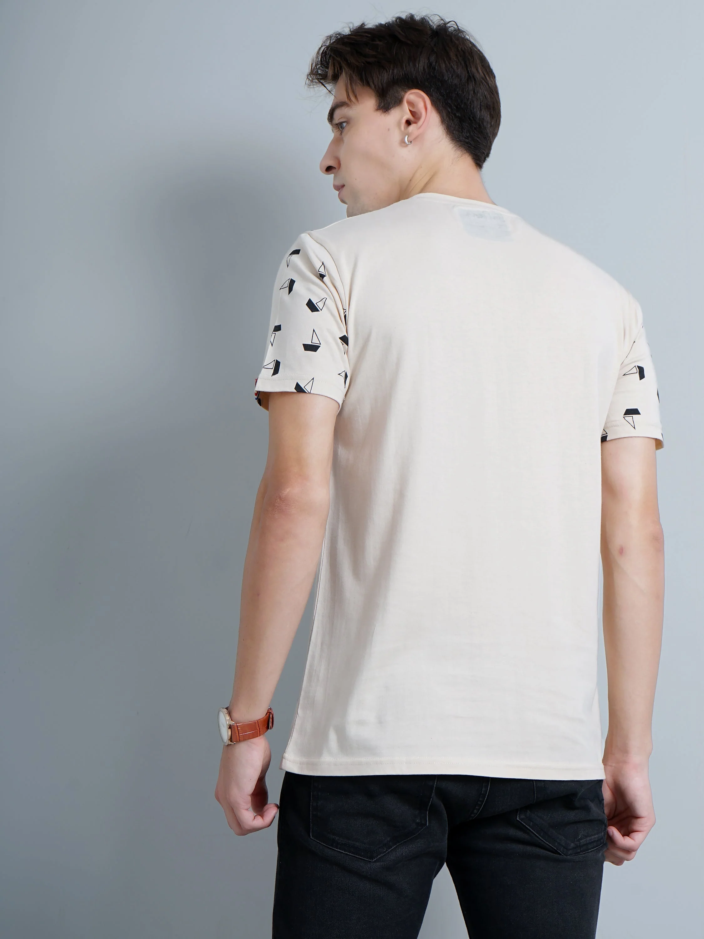 Men Boat Print Beige T-Shirt - Image 3