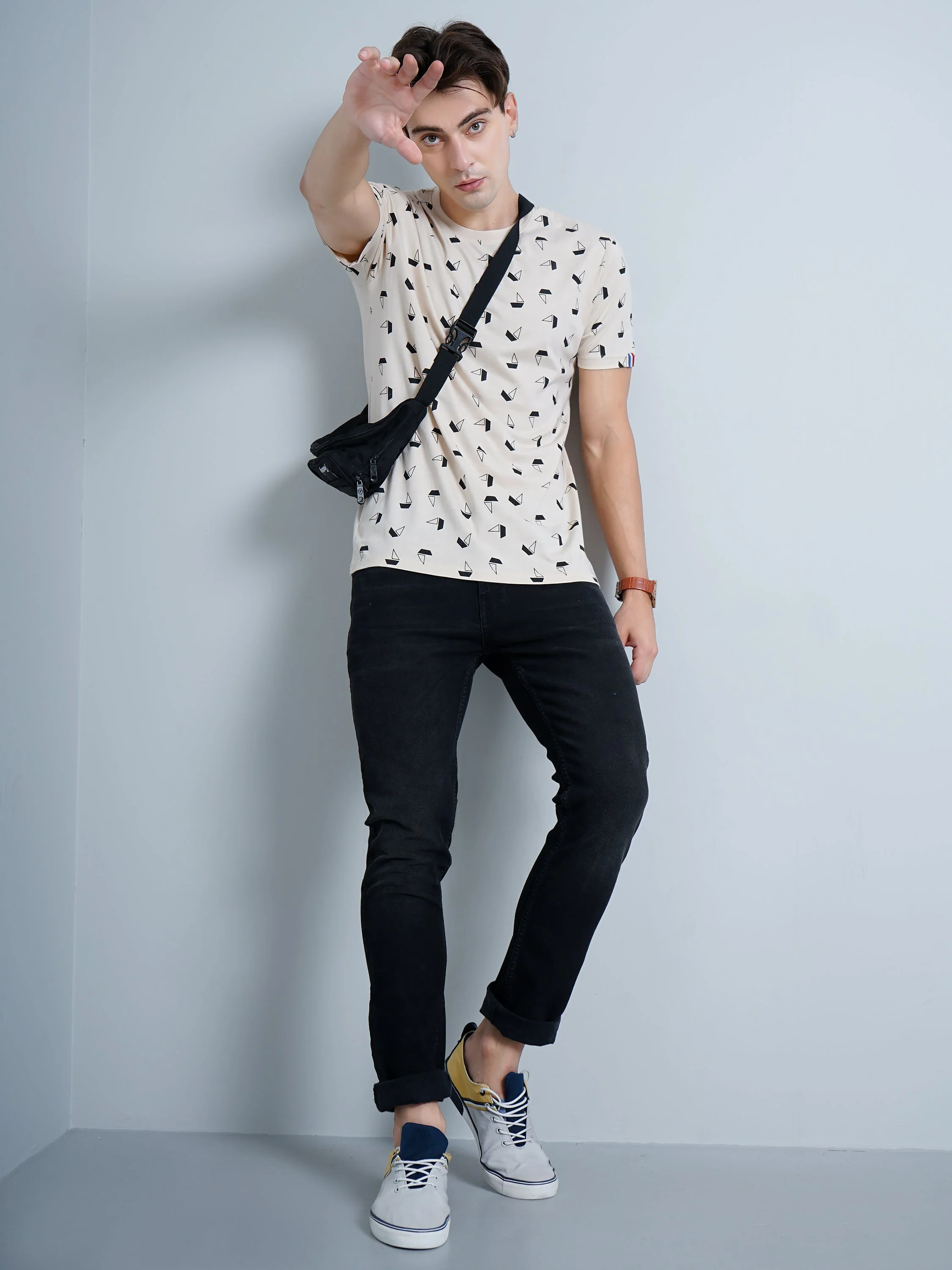 Men Boat Print Beige T-Shirt - Image 4