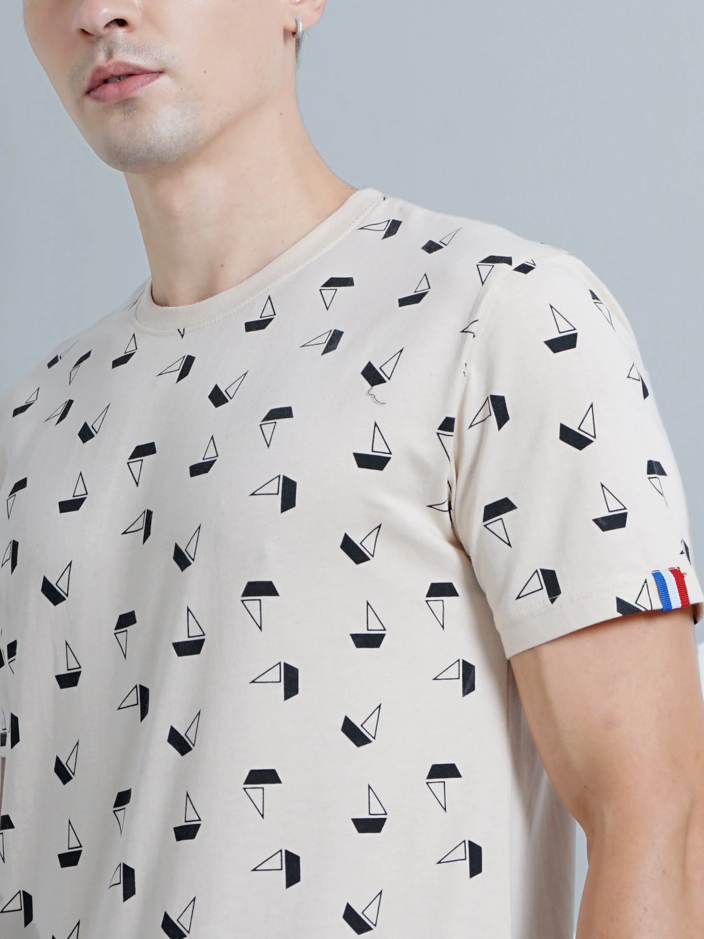 Men Boat Print Beige T-Shirt - Image 5