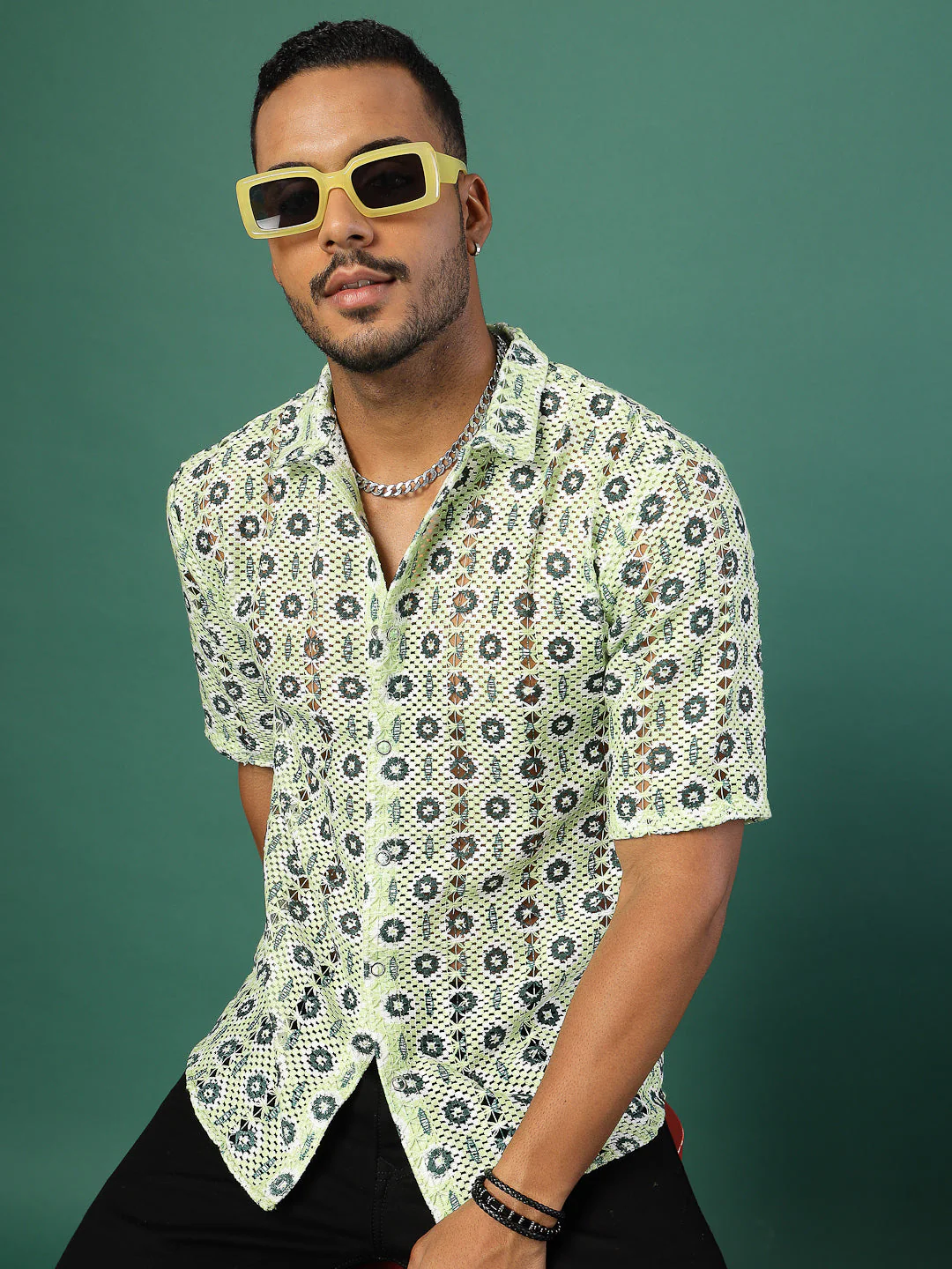 Men Botanical Crochet Cuban Collar Shirt - Image 2
