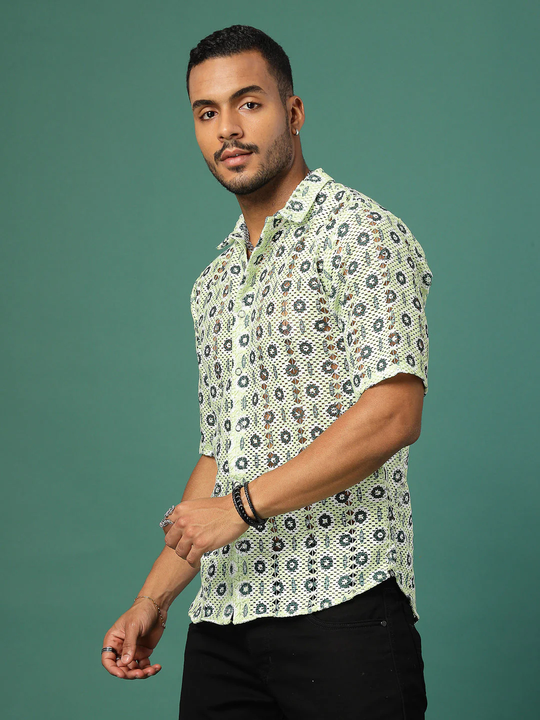 Men Botanical Crochet Cuban Collar Shirt - Image 3