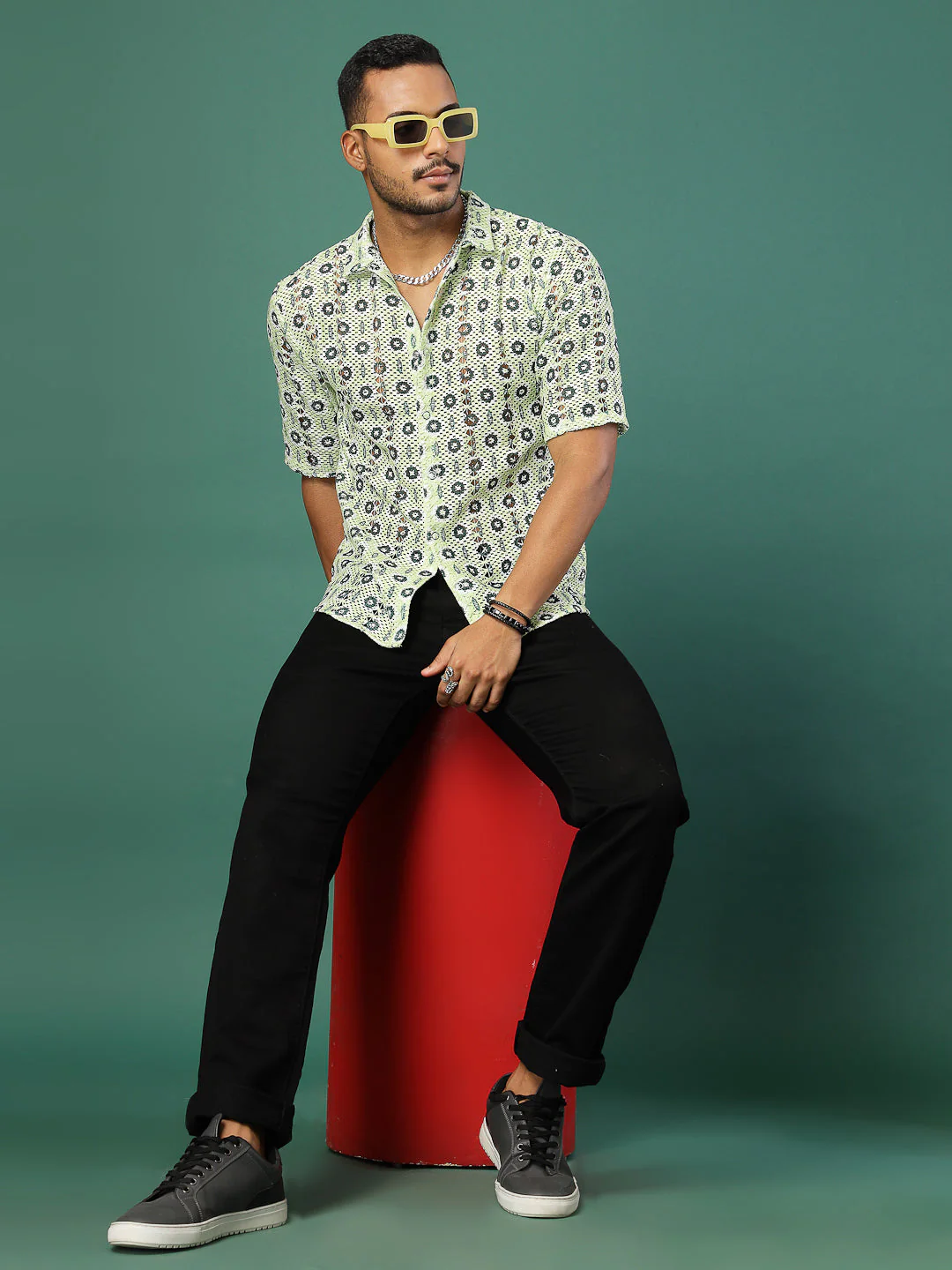 Men Botanical Crochet Cuban Collar Shirt - Image 4