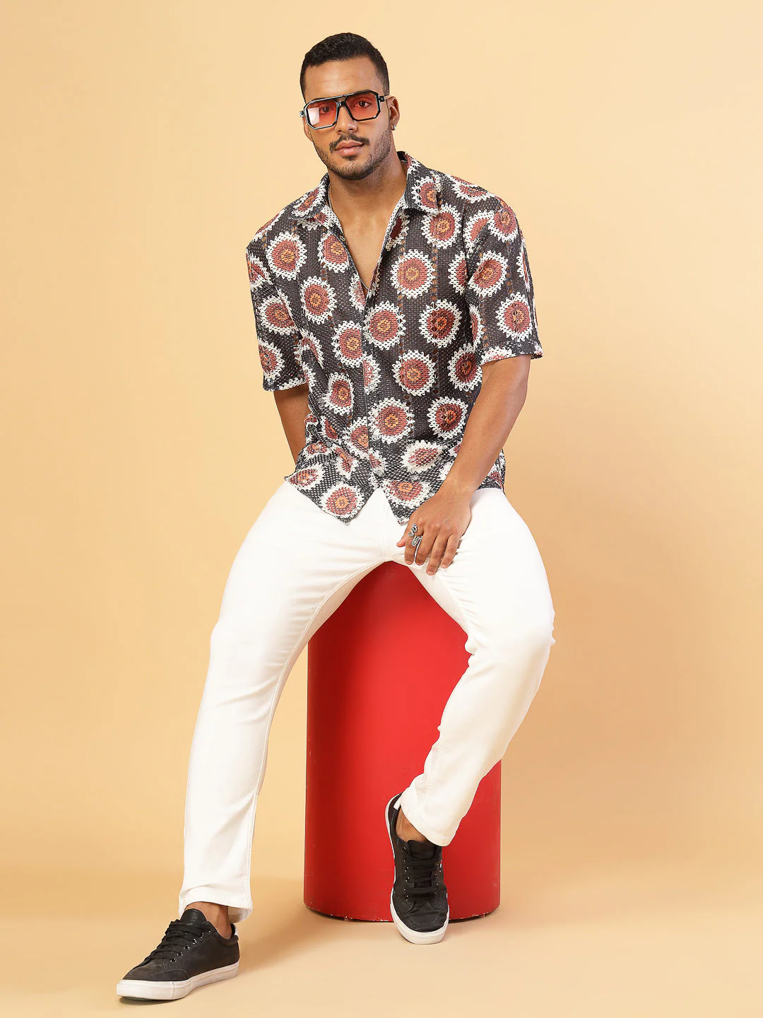 Men Botanical Print Crochet Cuban Collar Shirt - Image 2
