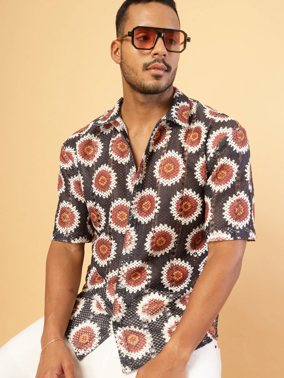Men Botanical Print Crochet Cuban Collar Shirt - Image 3